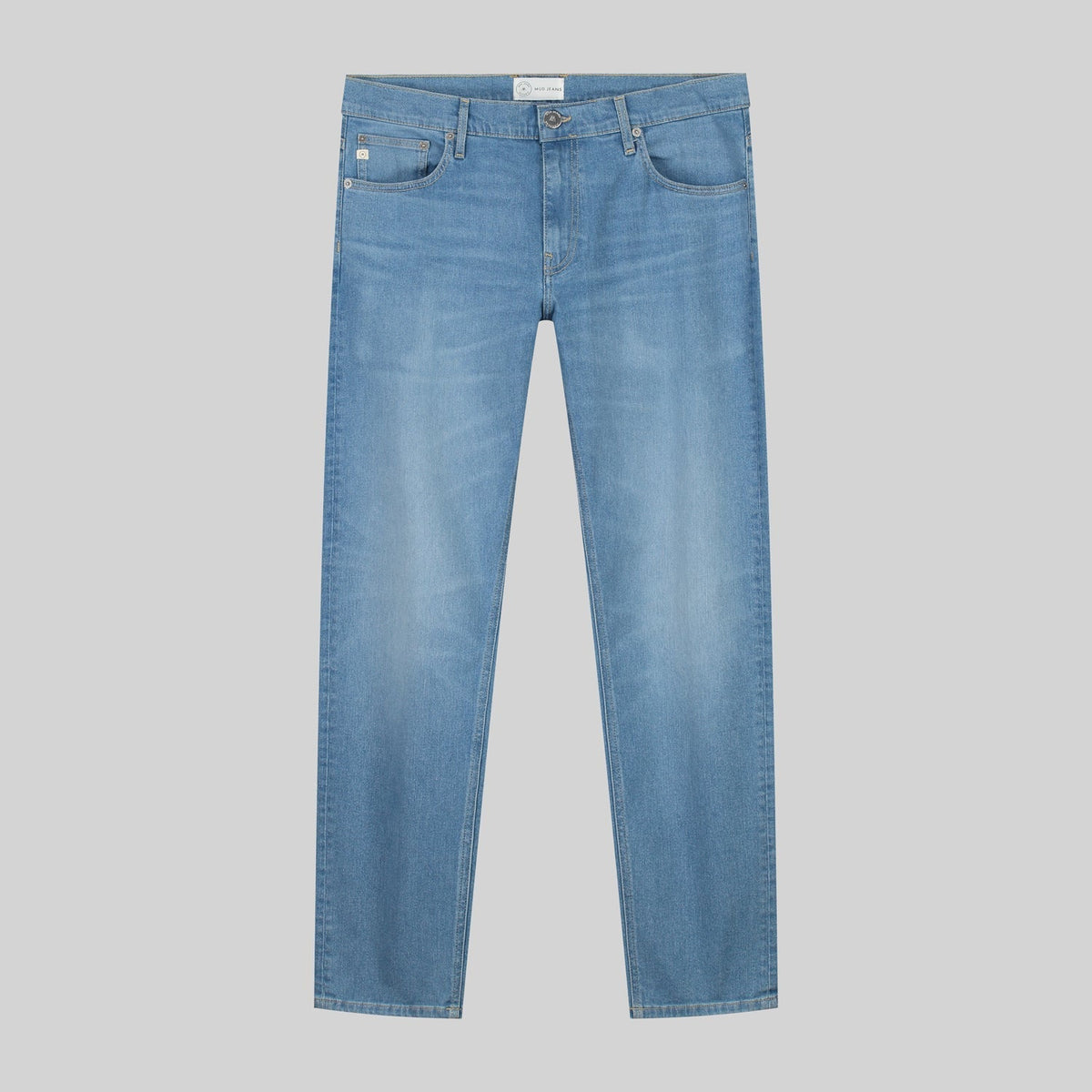Sustainable MUD Jeans in a dark-gray wash, crafted from organic cotton, showcasing a relaxed fit and ethical design.