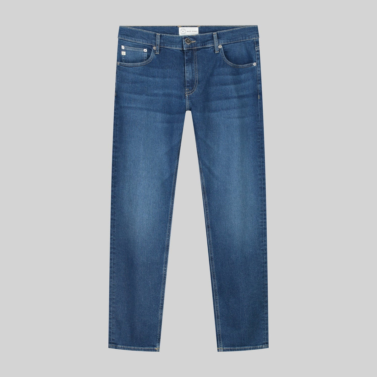Sustainable MUD Jeans denim shirt in deep blue, crafted from organic cotton, featuring classic button-up design.