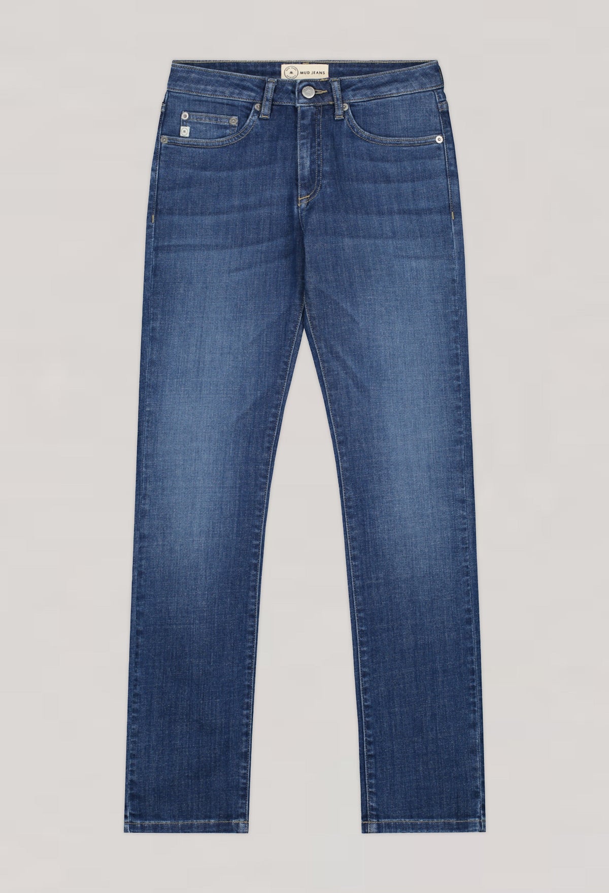 Classic blue denim jeans from MUD Jeans, featuring a straight-leg design and sustainable organic cotton material.