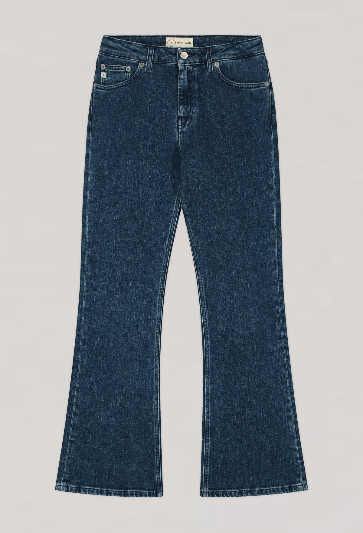 Dark blue, flared denim jeans with classic pockets and button closure, showcasing sustainable organic cotton material.