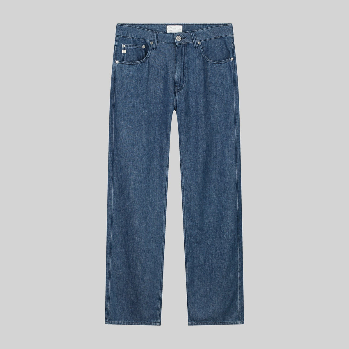 Classic straight-leg blue jeans made from sustainable denim, showcasing a contemporary fit and button closure.