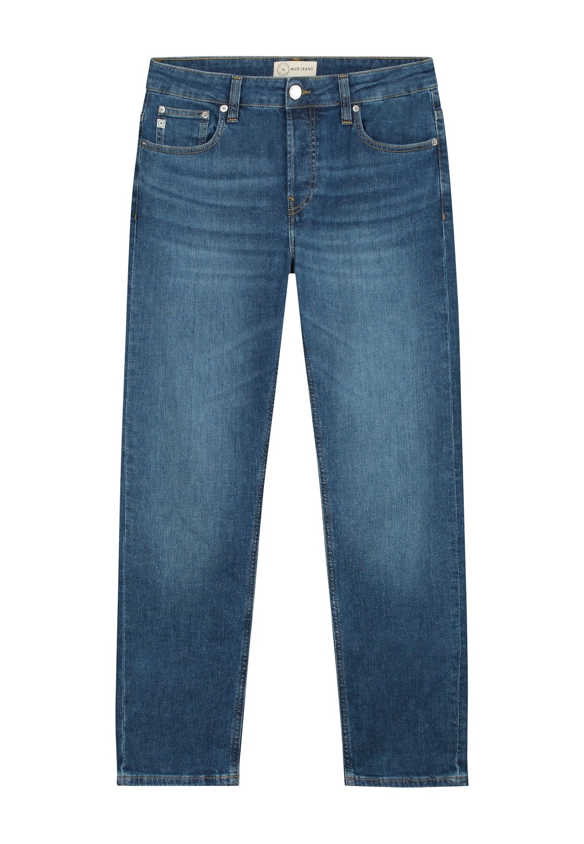 Sustainable MUD Jeans made from ethical organic cotton in classic fit, dark blue denim with subtle fading.