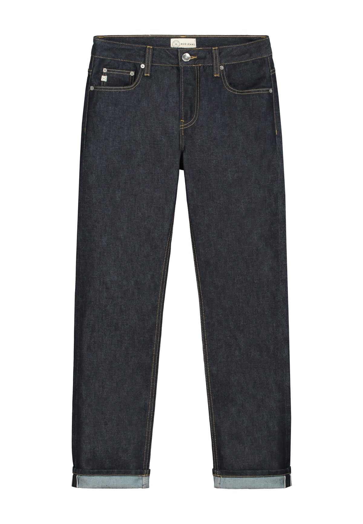Sustainable dark denim jeans by MUD Jeans, featuring yellow stitching, crafted ethically for a classic look.