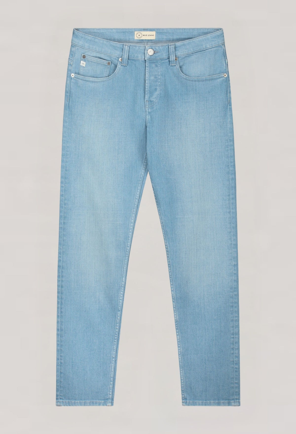 Sustainable MUD Jeans made from organic cotton, featuring classic blue denim in a regular fit with ethical production.