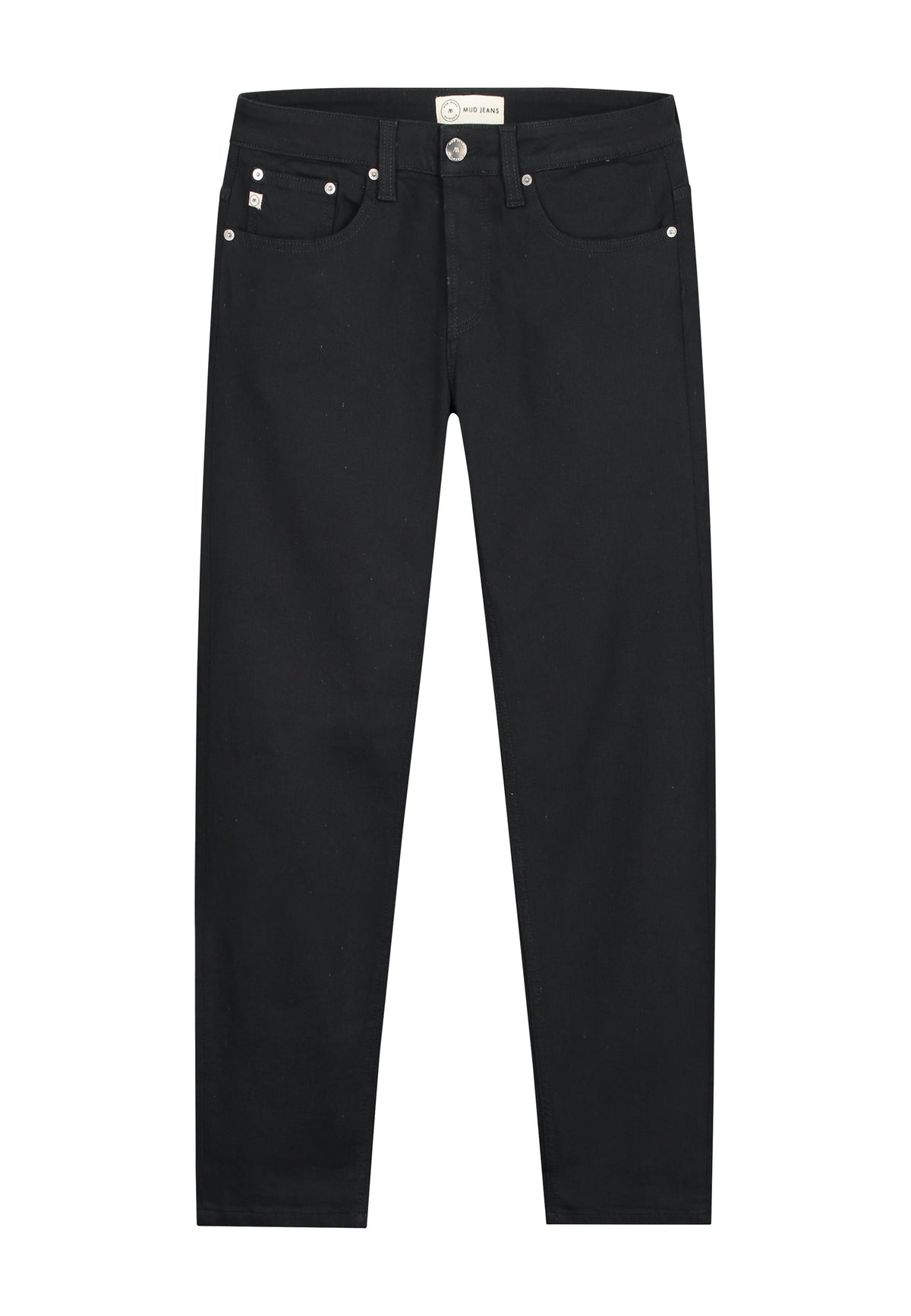 Sustainable MUD Jeans in black denim, ethically crafted, featuring a sleek classic fit for eco-friendly style.