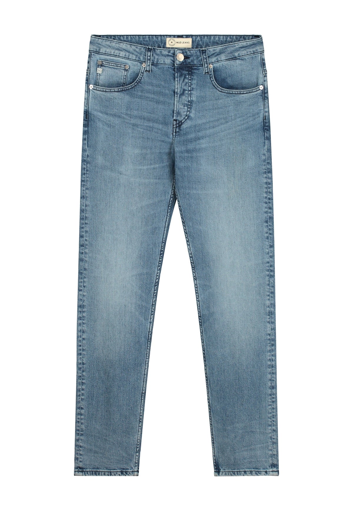 Sustainable MUD Jeans crafted from organic cotton, featuring dark blue denim with contrast stitching for an ethical look.
