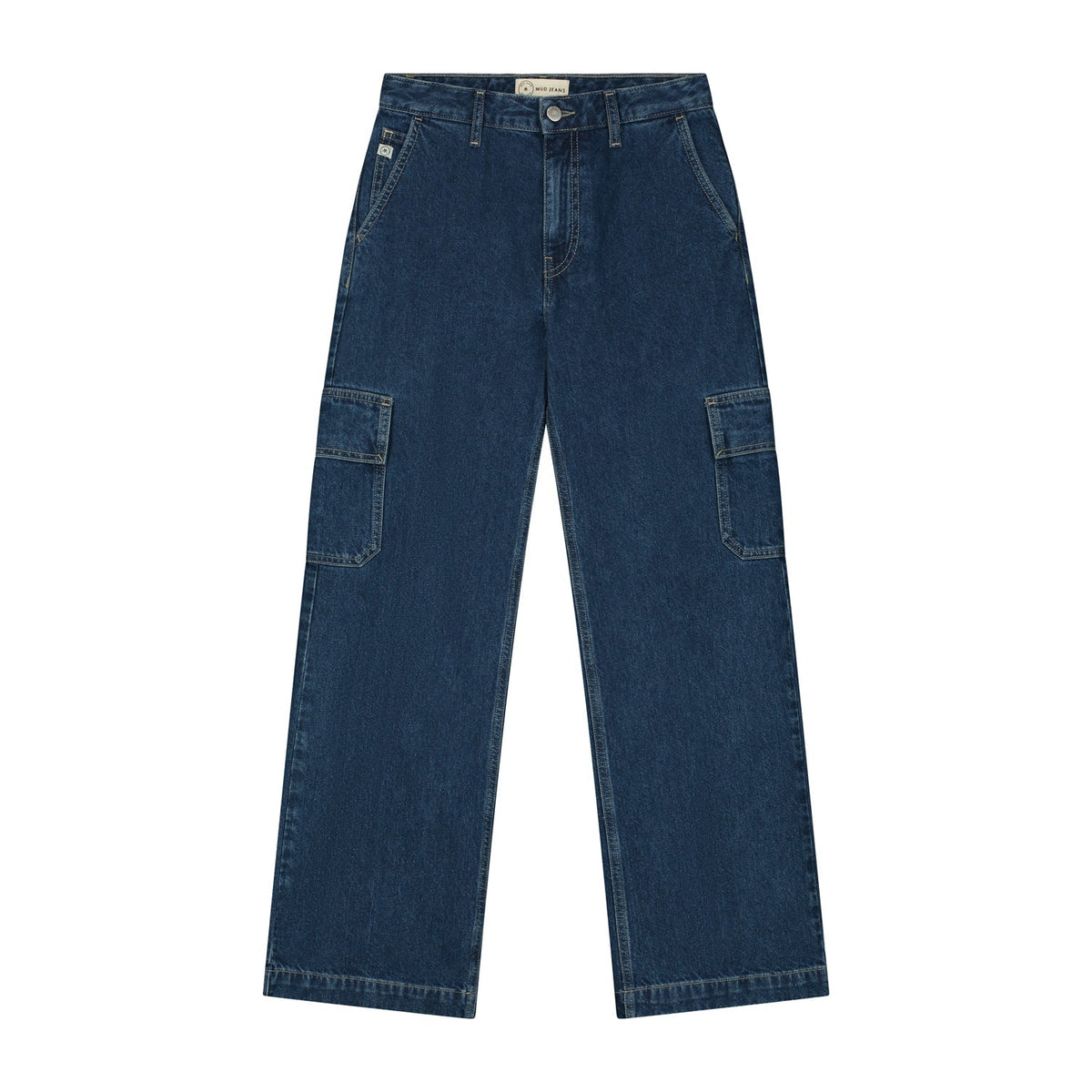 Dark blue denim cargo pants featuring multiple pockets, straight-leg fit, and button closure, emphasizing sturdy fabric design.