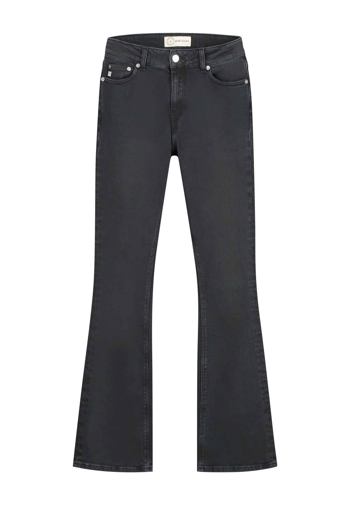 Stylish black flare jeans with a high-rise waist, featuring a classic five-pocket design, perfect for versatile fashion looks.
