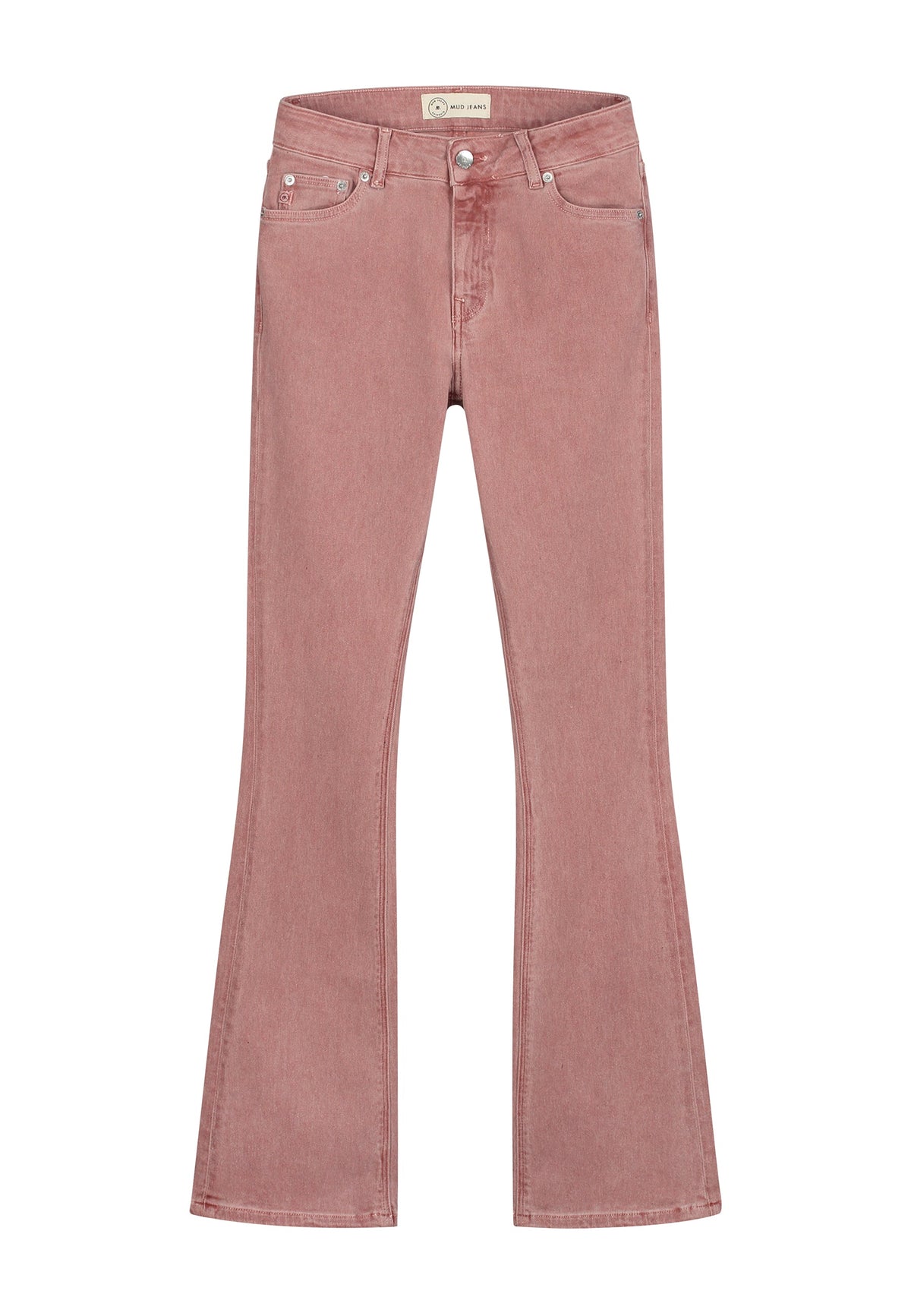Flared jeans in dusty pink, made from organic cotton, showcasing a classic five-pocket design and button closure.