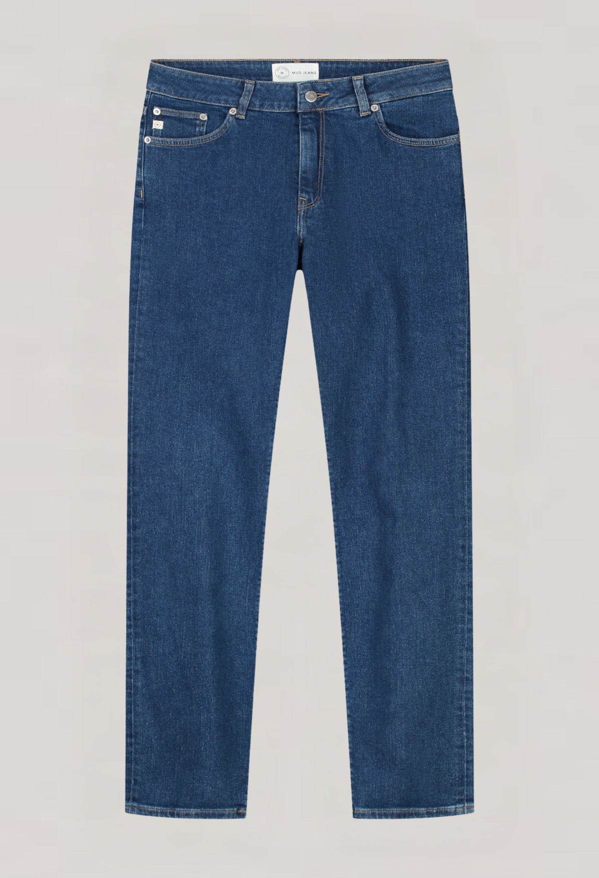 Eco-friendly blue jeans by MUD Jeans, made from organic cotton, showcasing a classic straight-leg fit.