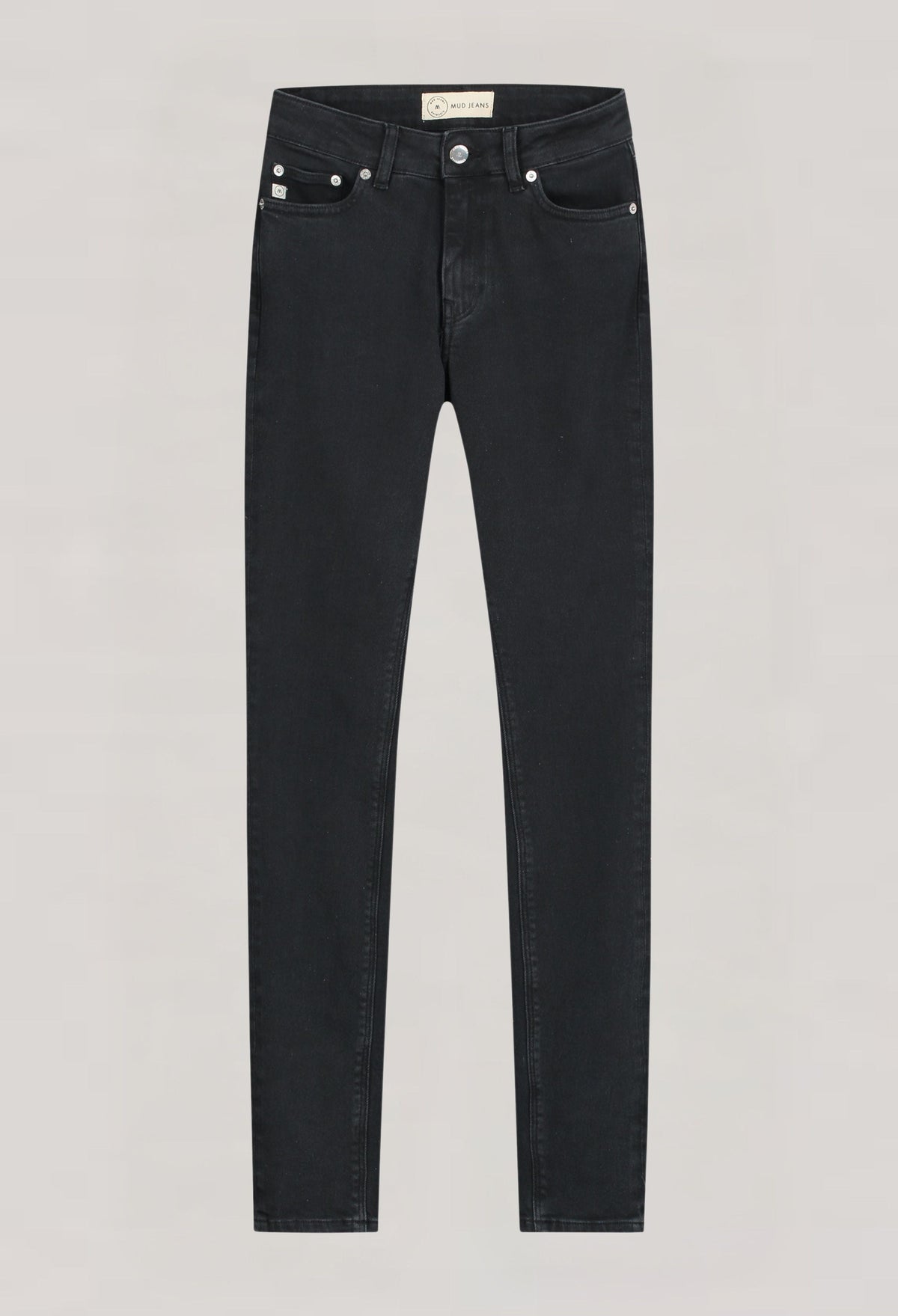 Slim-fit black denim jeans from MUD Jeans, showcasing sustainable fashion with classic five-pocket design.