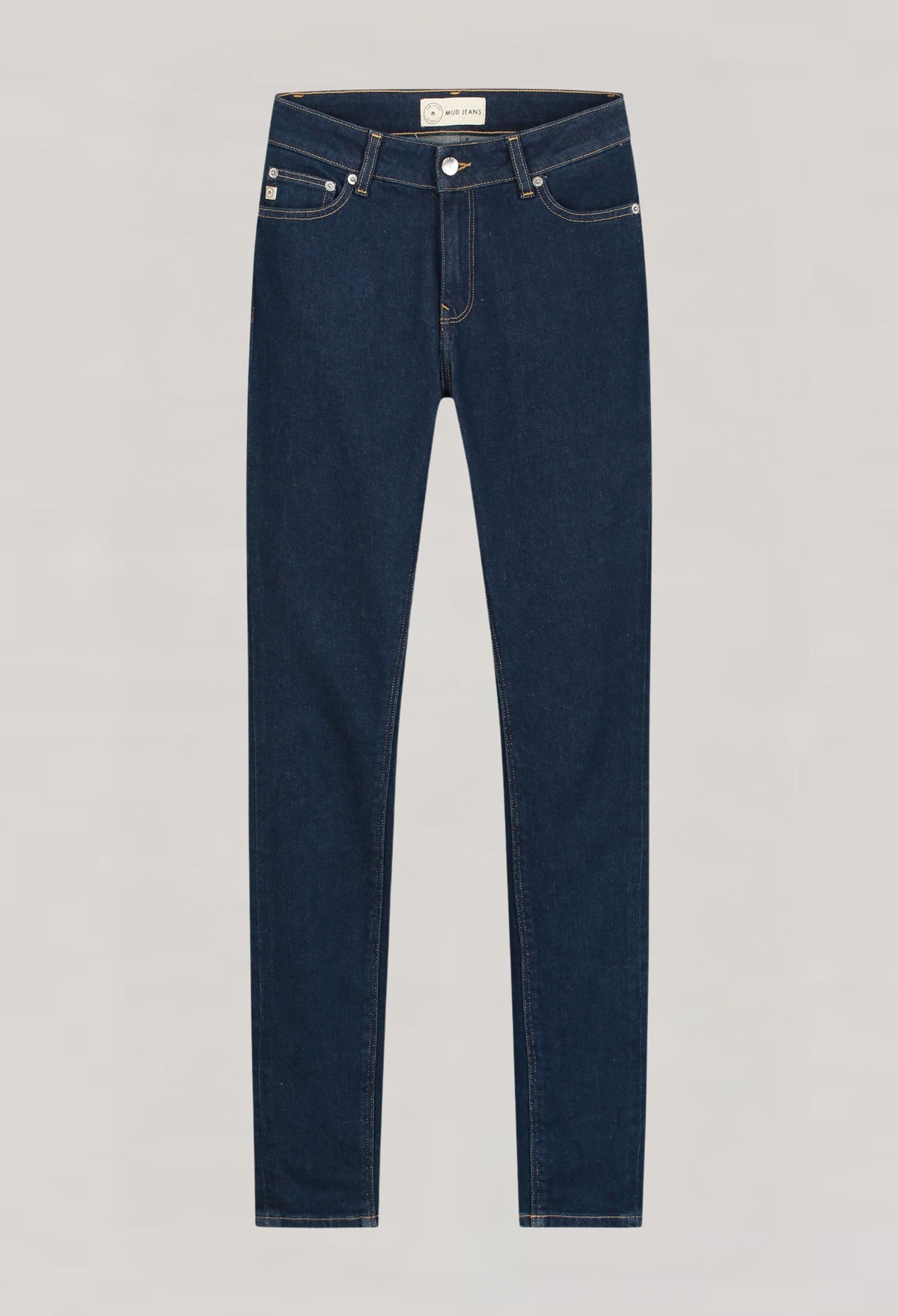 Eco-friendly MUD Jeans in dark blue denim, featuring slim-fit design with sustainable organic cotton material.