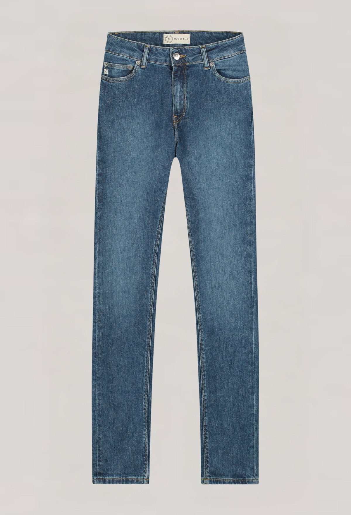 Blue denim jeans from MUD Jeans, featuring a classic straight-leg fit with reinforced stitching, crafted from organic cotton.