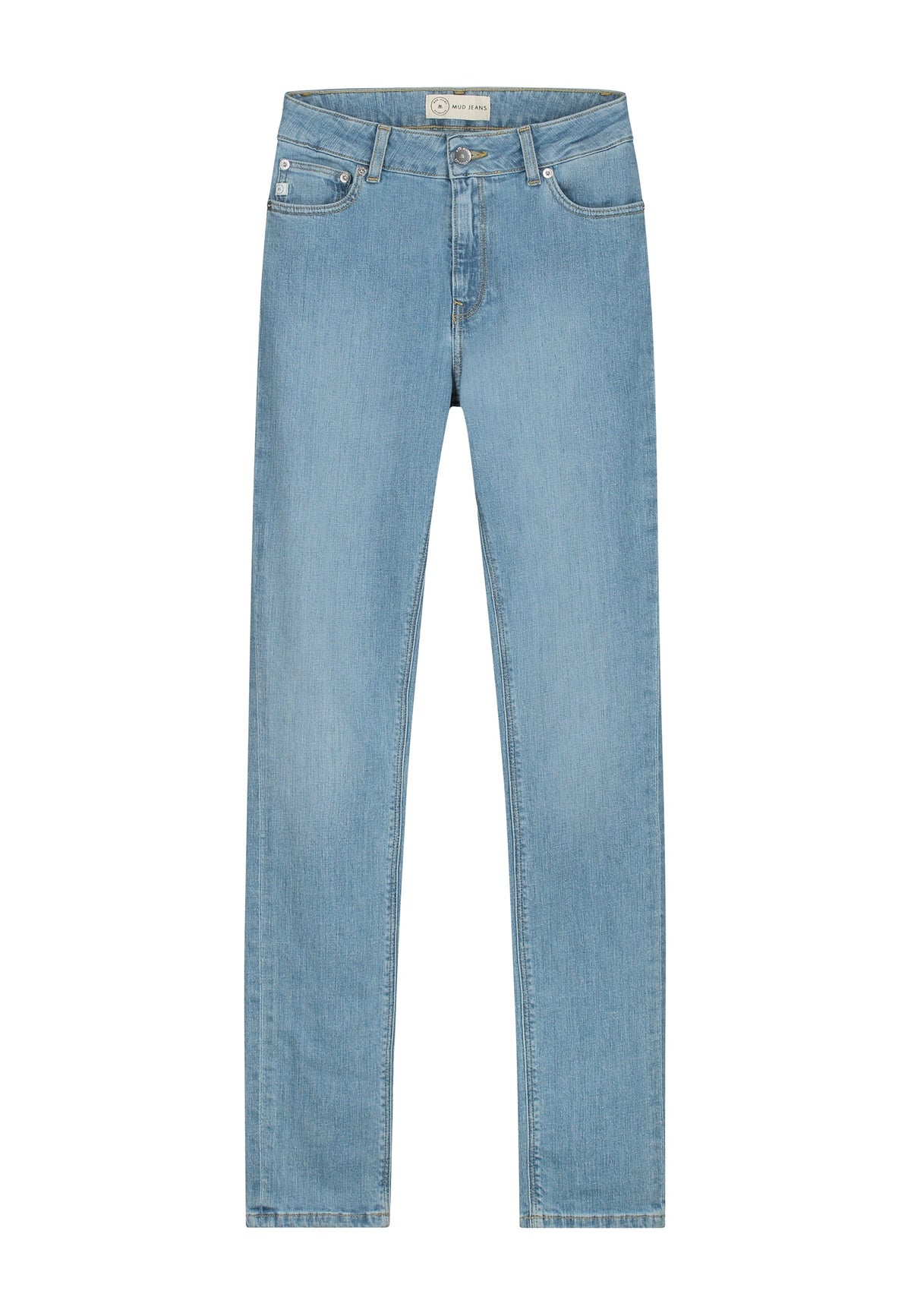 Light blue MUD Jeans crafted from sustainable denim, featuring a classic five-pocket design and straight-leg cut.