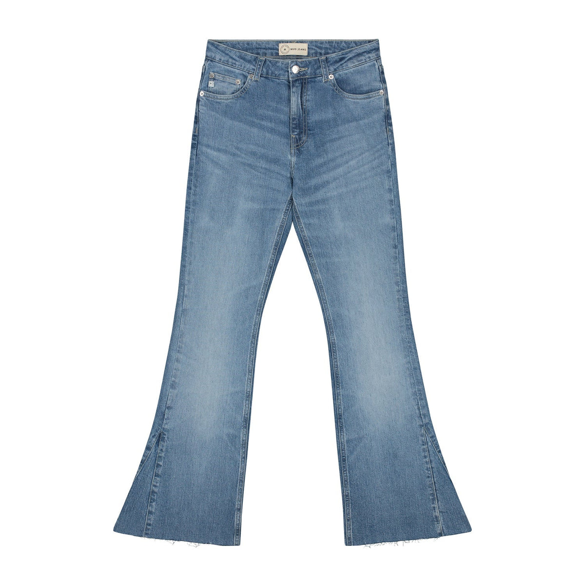 Light blue flare jeans with a slightly frayed hem, showcasing a vintage-inspired design and classic five-pocket style.