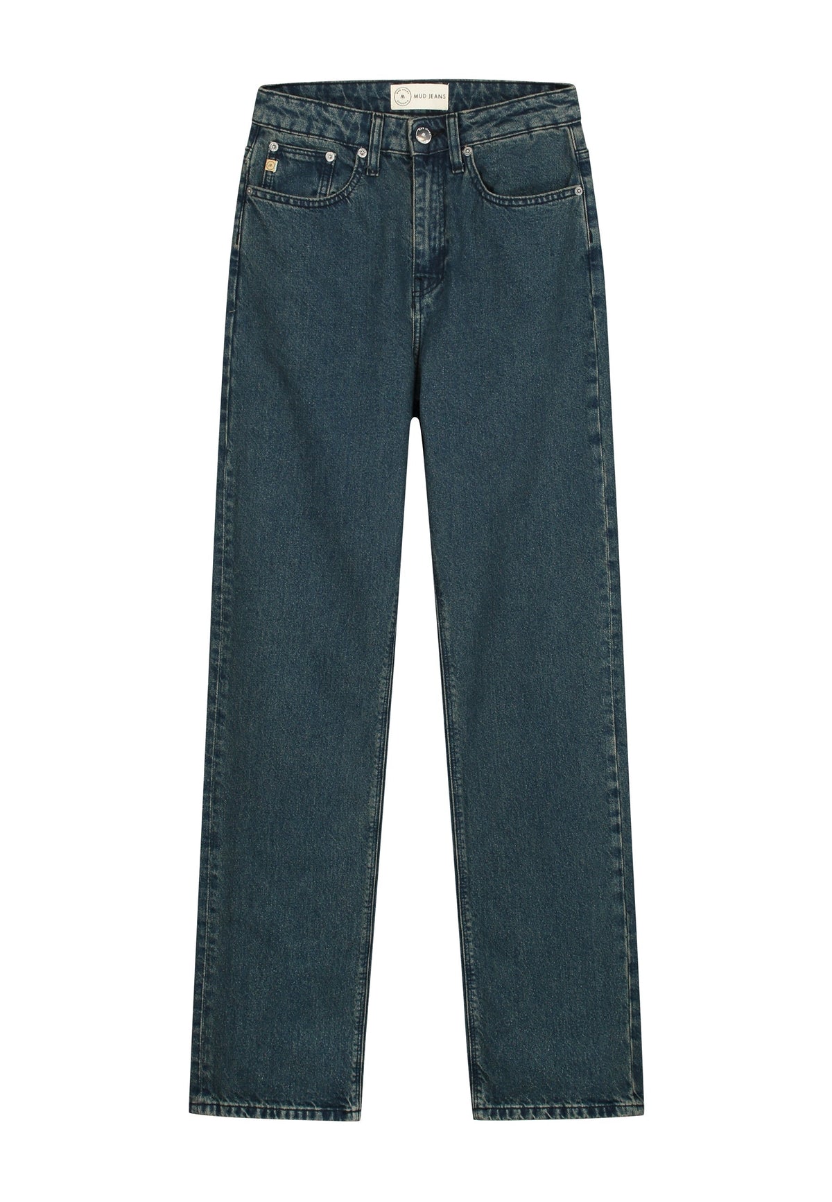 Dark blue straight-leg denim jeans with a classic five-pocket design, showcasing sustainable fashion by MUD Jeans.