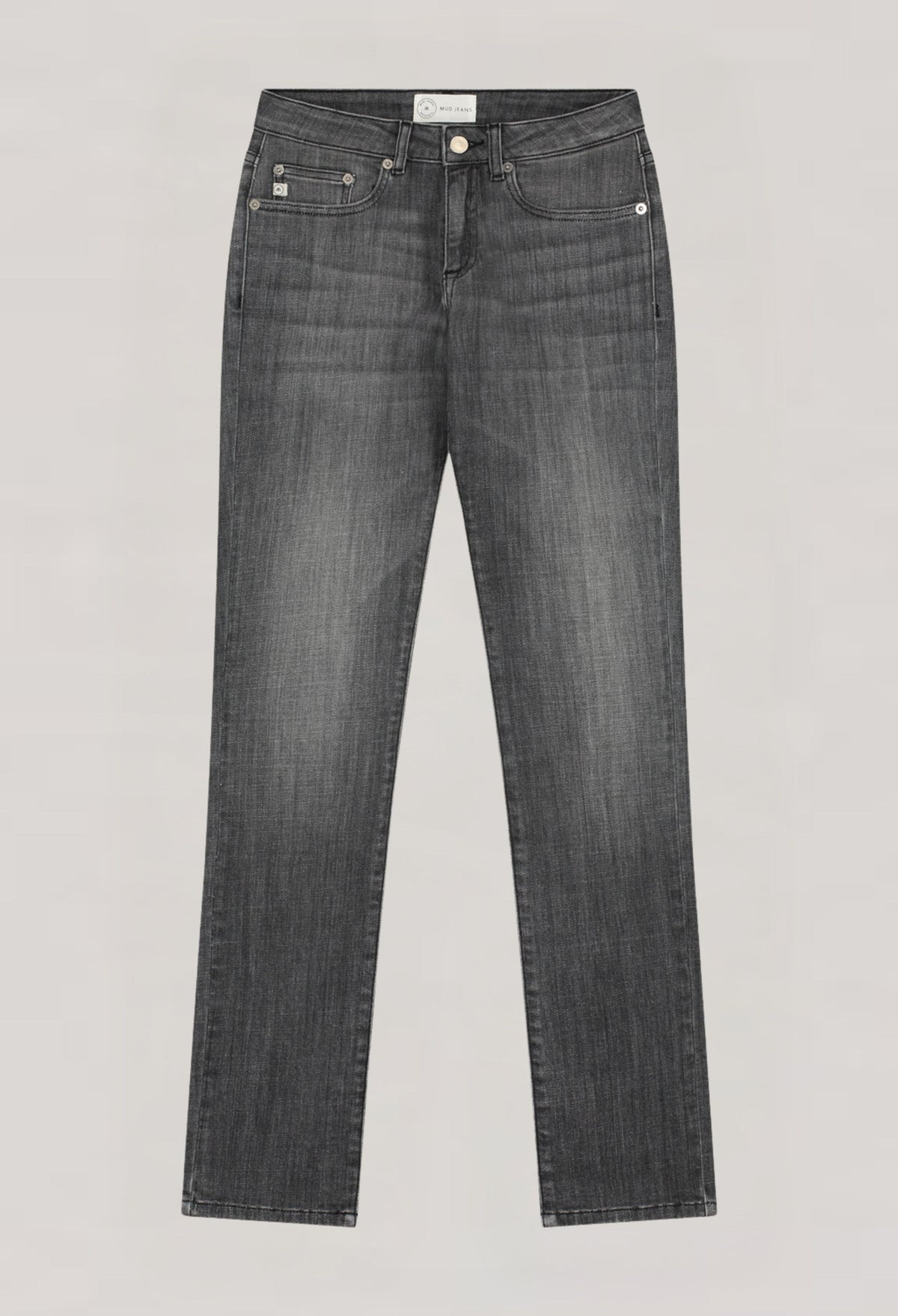 Dark gray straight-leg jeans with a subtle faded texture, featuring a classic five-pocket design and durable stitching.