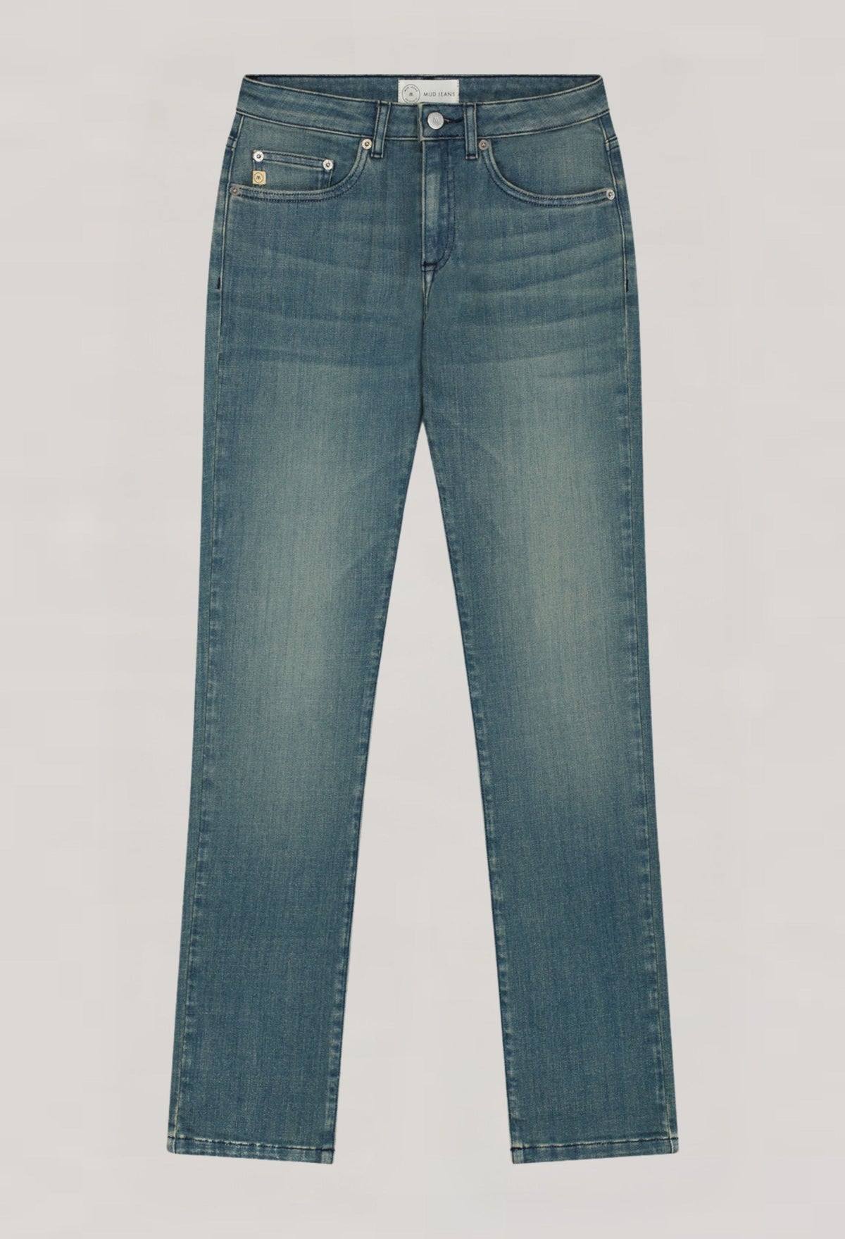 Light blue, eco-friendly slim-fit jeans by MUD Jeans, crafted from organic cotton, showcasing classic stitching and five-pocket design.