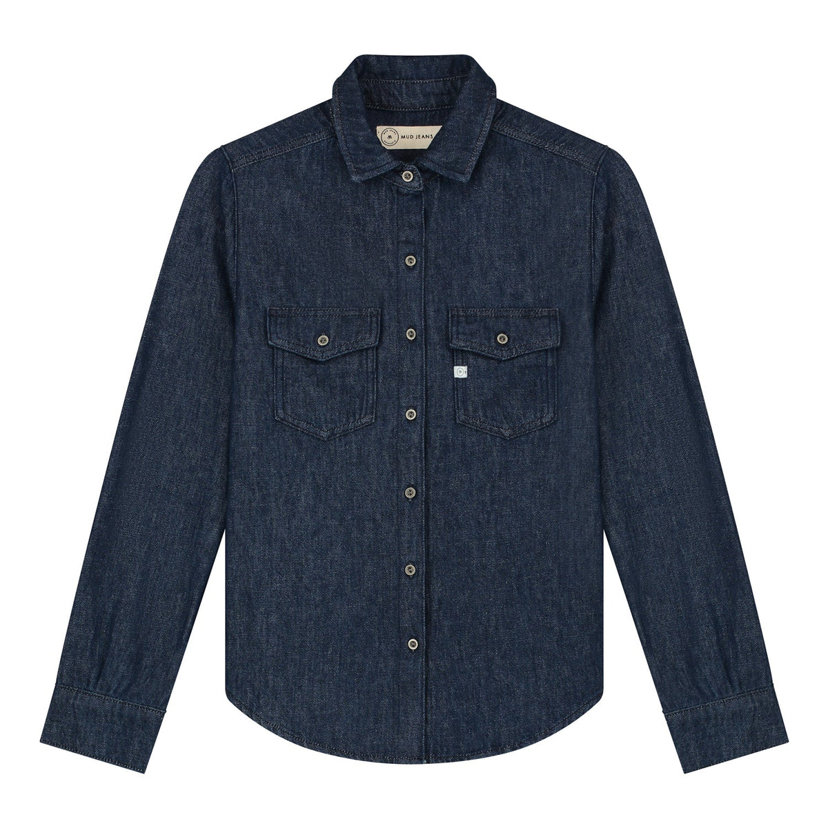 Dark blue denim shirt with button-up front and two chest pockets, featuring sustainable fabric by MUD Jeans.