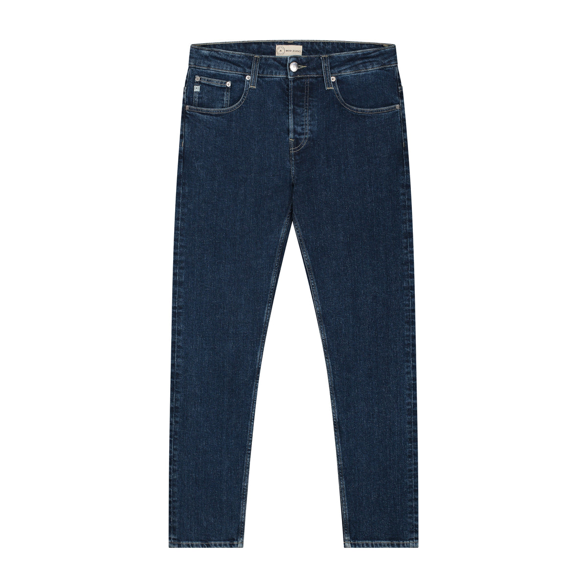 Sustainable MUD Jeans in light blue denim, crafted from organic cotton, showcasing back pockets and ethical design.