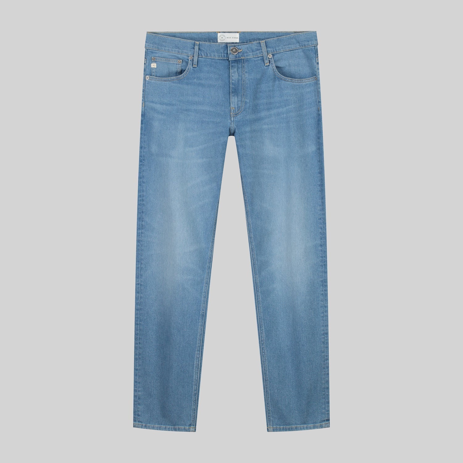 Sustainable MUD Jeans in a dark-gray wash, crafted from organic cotton, showcasing a relaxed fit and ethical design.