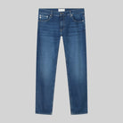 Sustainable MUD Jeans denim shirt in deep blue, crafted from organic cotton, featuring classic button-up design.