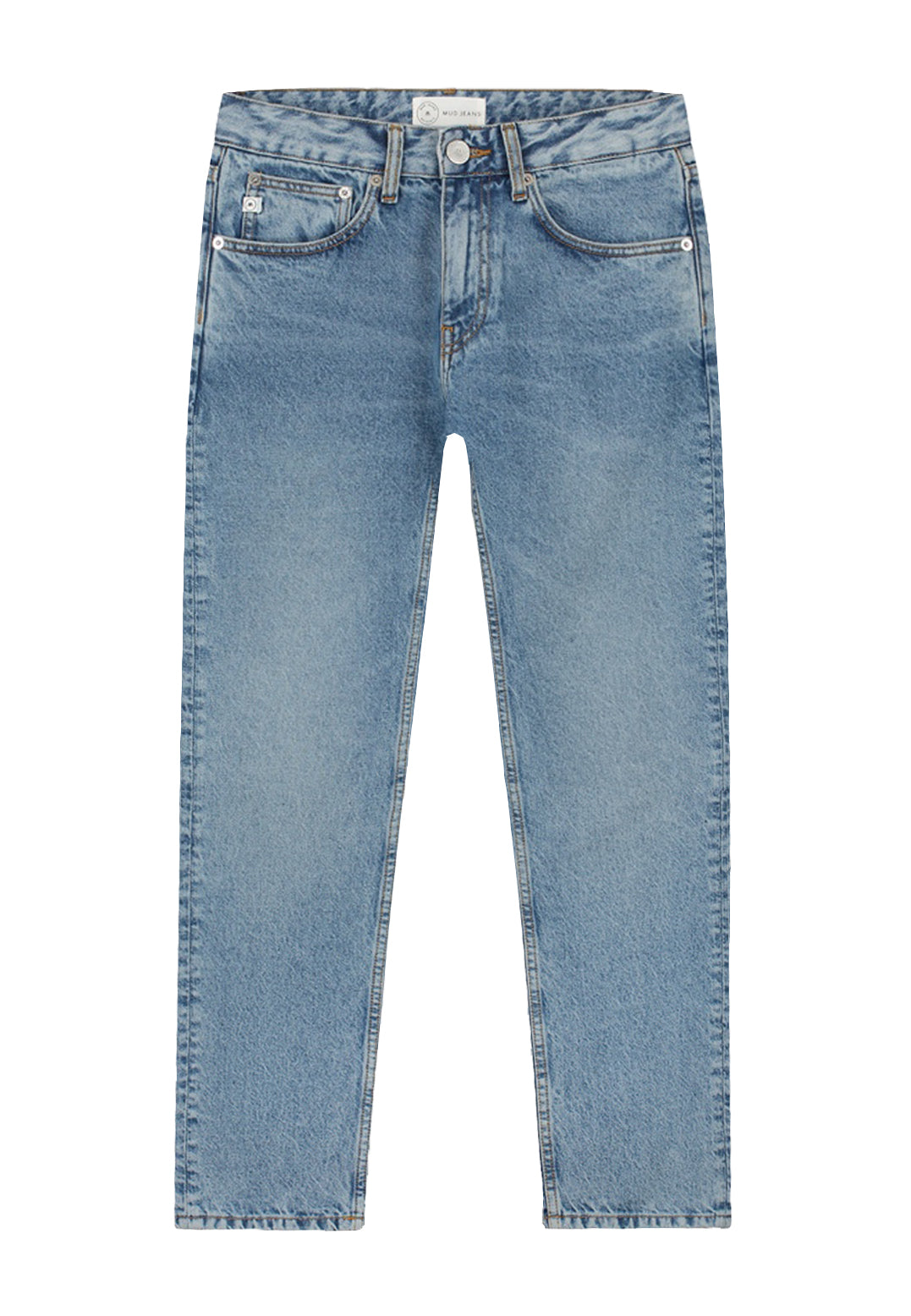 Sustainable MUD Jeans in classic blue denim, featuring ethical design and relaxed fit, paired with a white t-shirt.