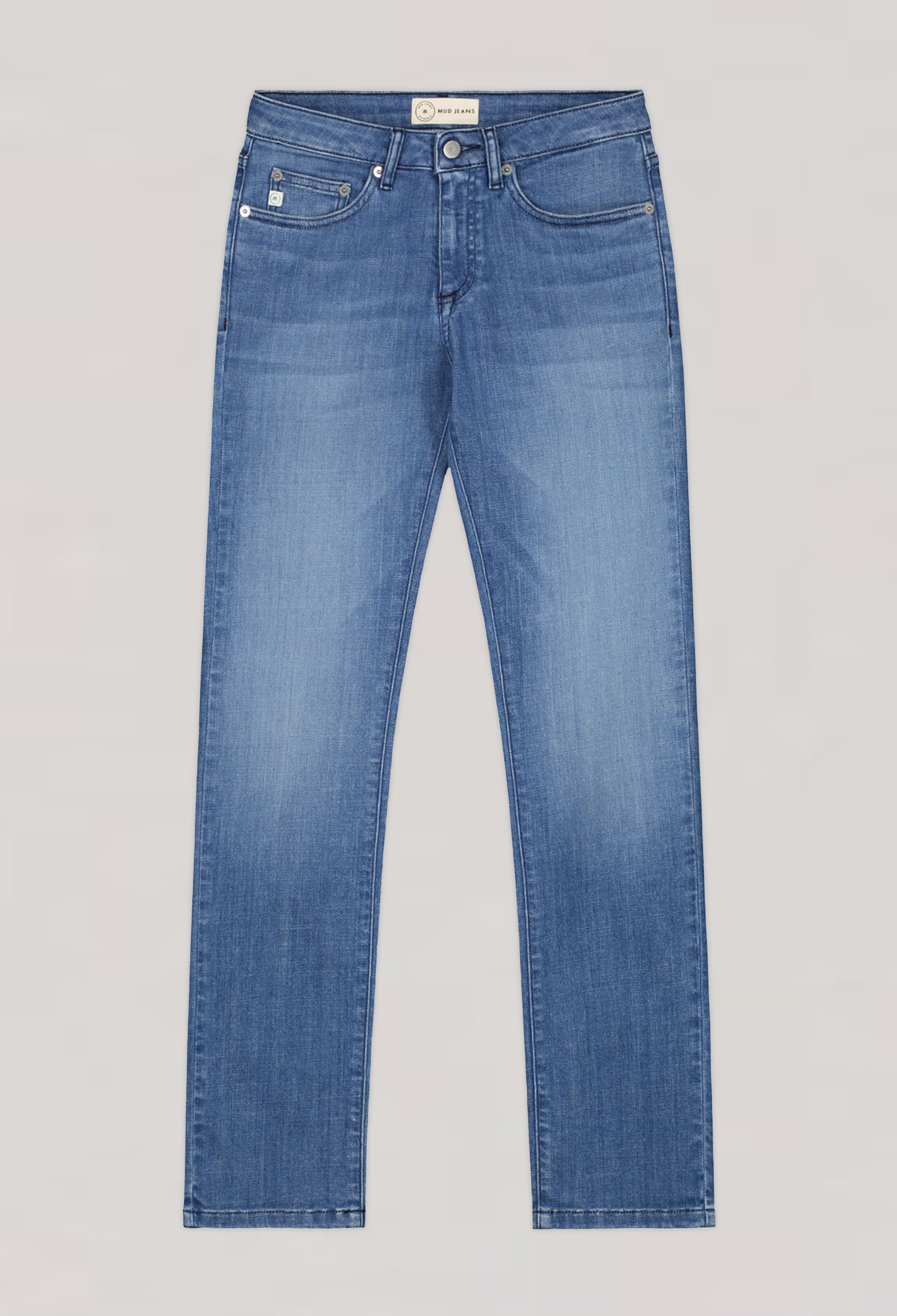 Blue MUD Jeans made from organic cotton, showcasing sustainable fashion with classic five-pocket design and eco-friendly material.