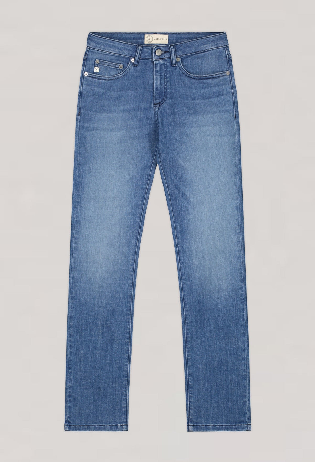 Blue MUD Jeans made from organic cotton, showcasing sustainable fashion with classic five-pocket design and eco-friendly material.
