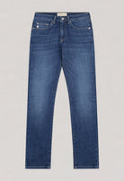 Classic blue denim jeans from MUD Jeans, featuring a straight-leg design and sustainable organic cotton material.