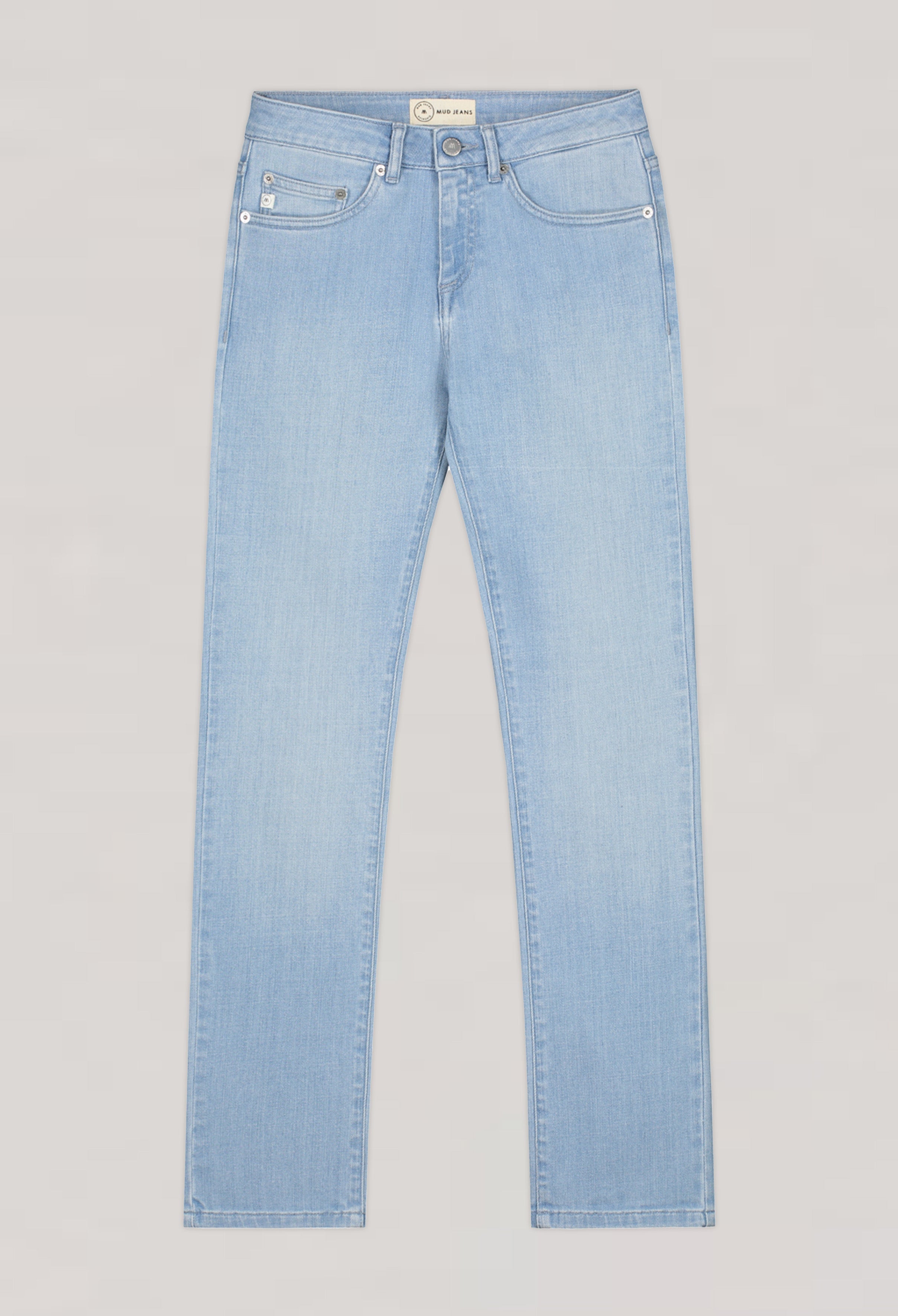 Light blue, straight-leg jeans made from sustainable materials, featuring classic five-pocket design and a minimalist style.