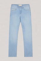 Light blue, straight-leg jeans made from sustainable materials, featuring classic five-pocket design and a minimalist style.