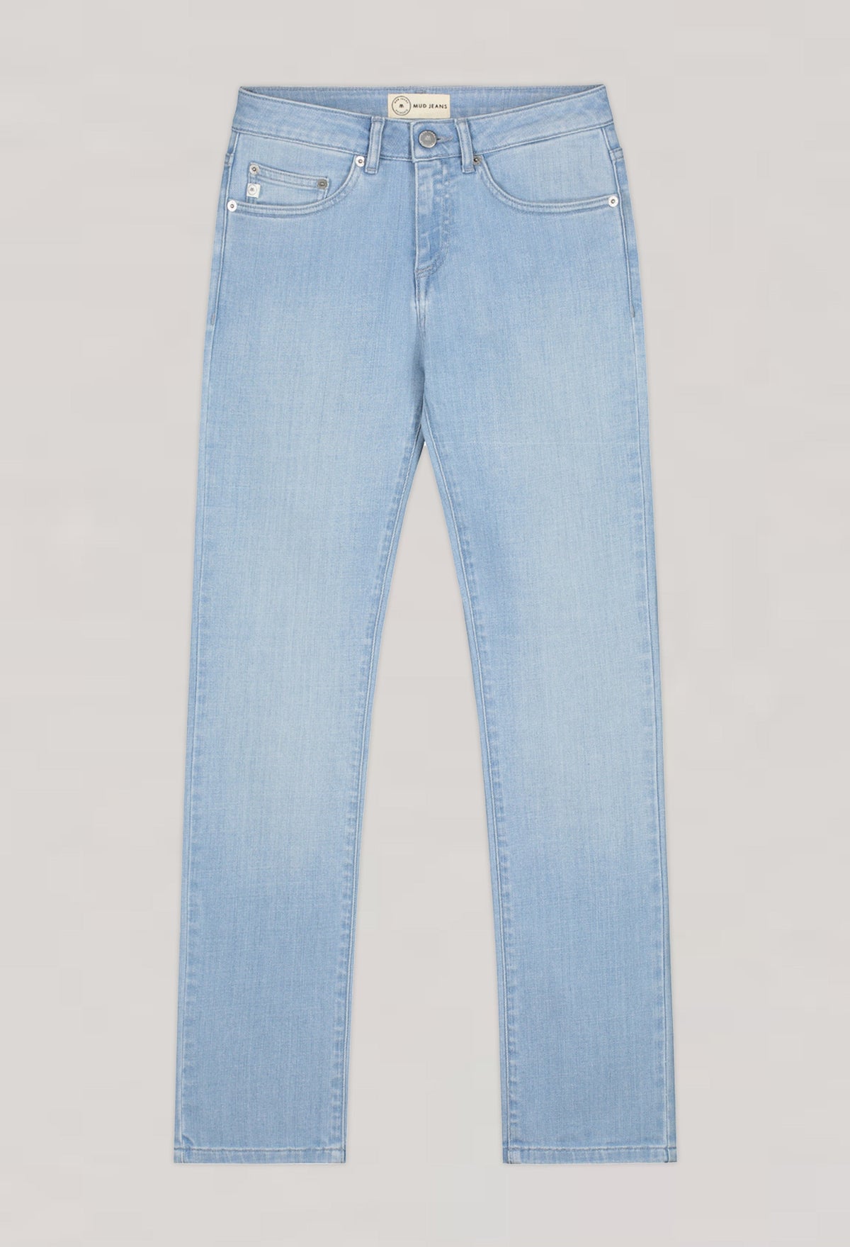 Light blue, straight-leg jeans made from sustainable materials, featuring classic five-pocket design and a minimalist style.