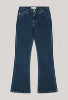 Dark blue, flared denim jeans with classic pockets and button closure, showcasing sustainable organic cotton material.