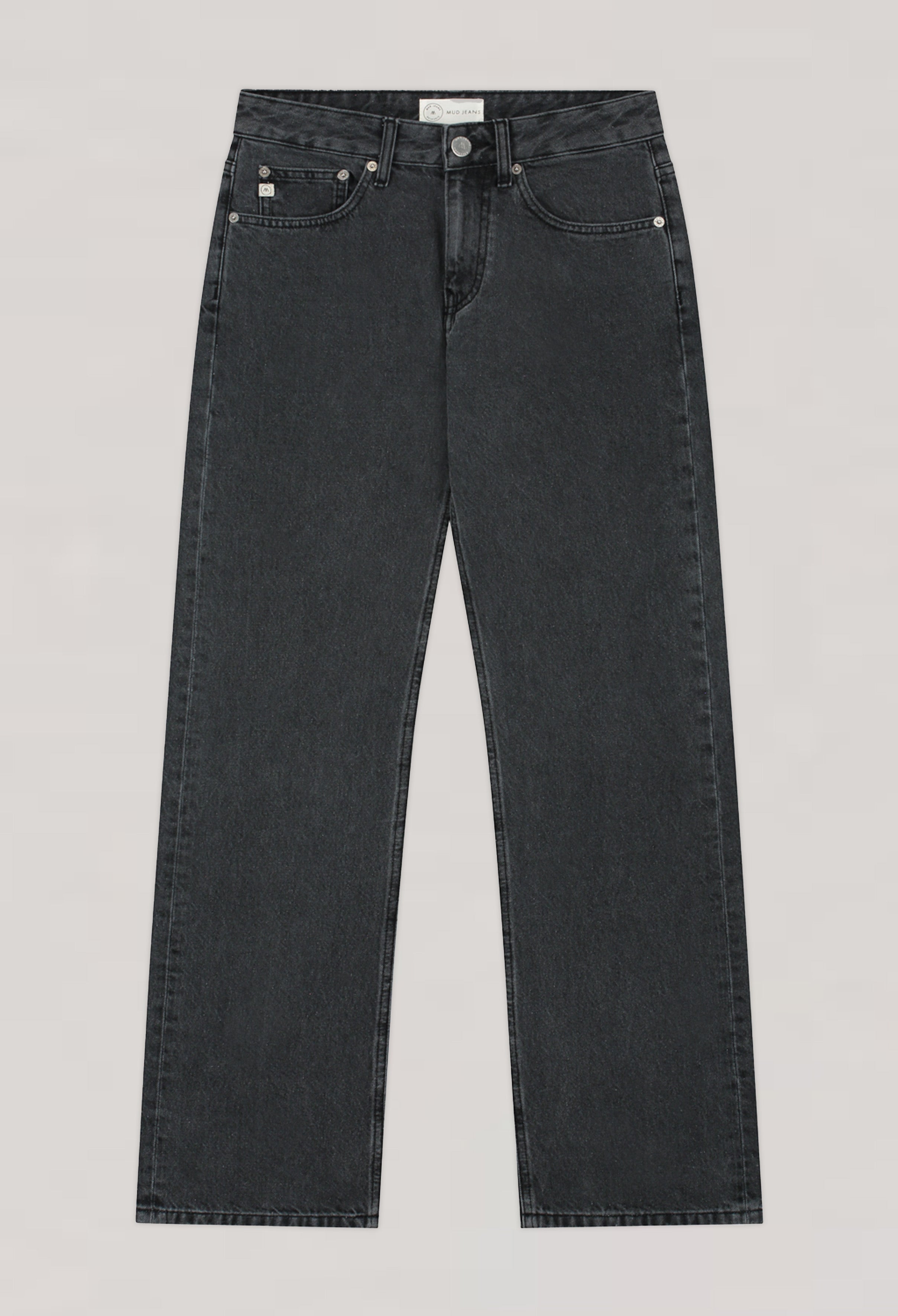 Black wide-leg jeans from MUD Jeans, featuring classic five-pocket design and button closure, laid flat on white background.