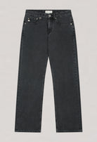 Black wide-leg jeans from MUD Jeans, featuring classic five-pocket design and button closure, laid flat on white background.