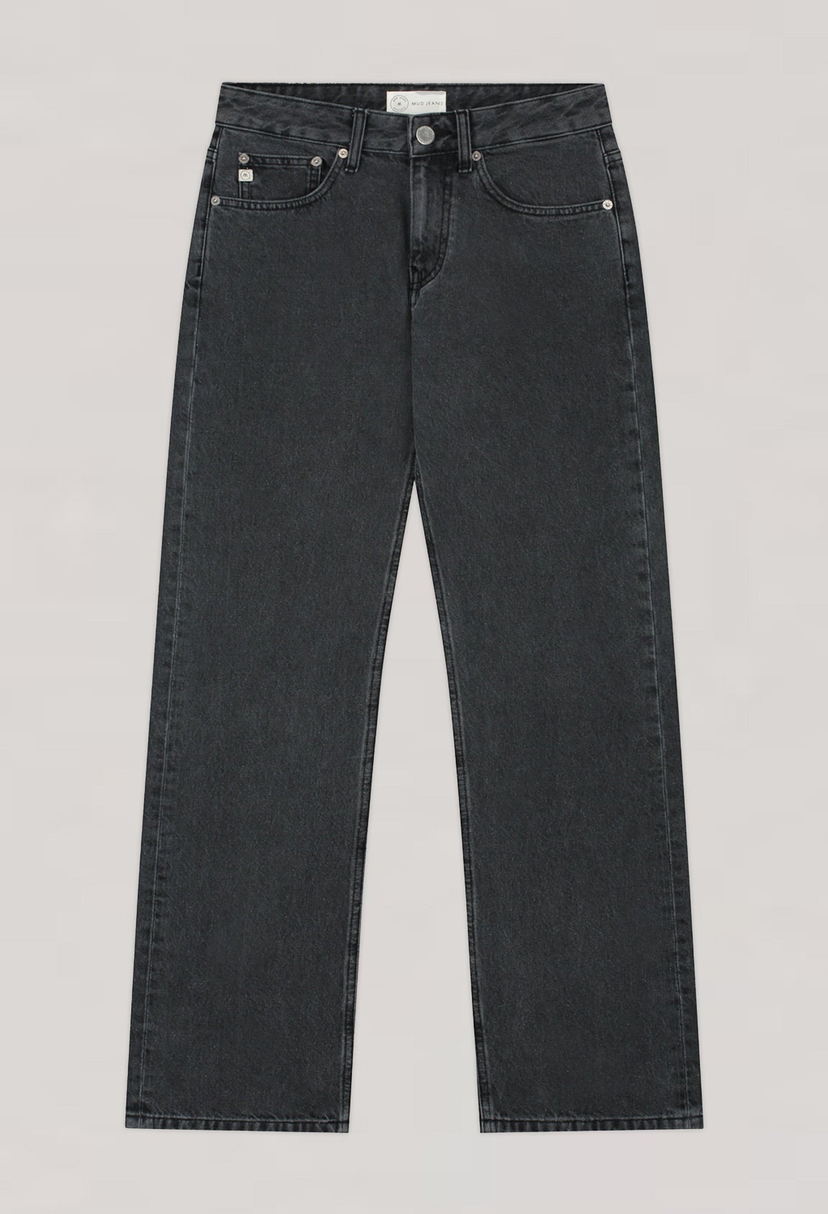 Black wide-leg jeans from MUD Jeans, featuring classic five-pocket design and button closure, laid flat on white background.