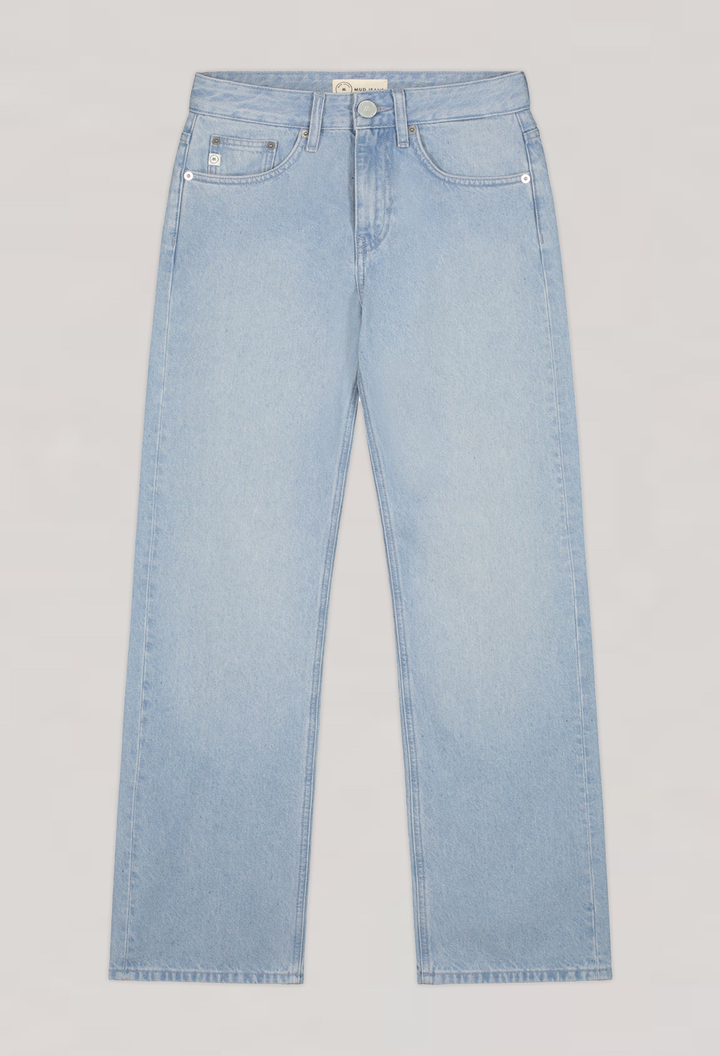 Light blue, straight-leg denim jeans from MUD Jeans, highlighting sustainable material and classic five-pocket design.