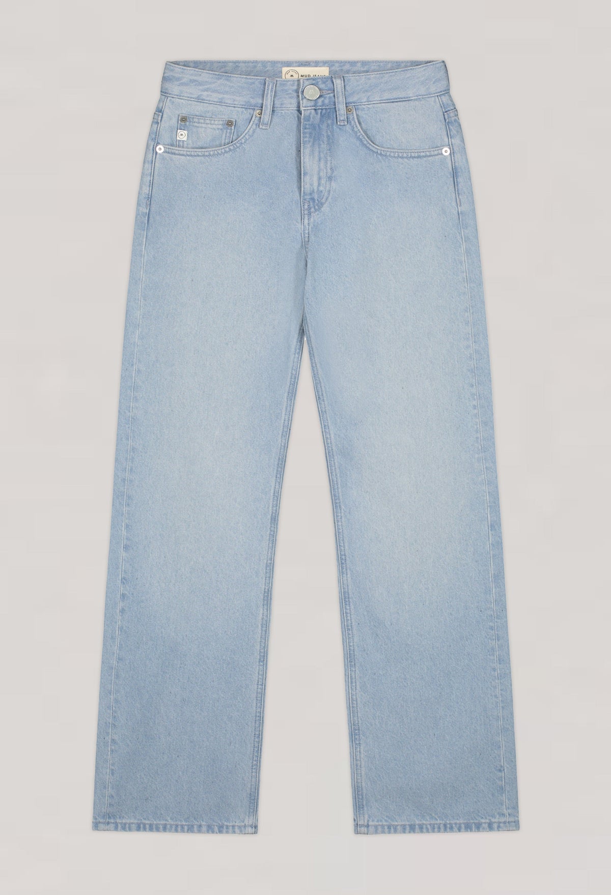 Light blue, straight-leg denim jeans from MUD Jeans, highlighting sustainable material and classic five-pocket design.
