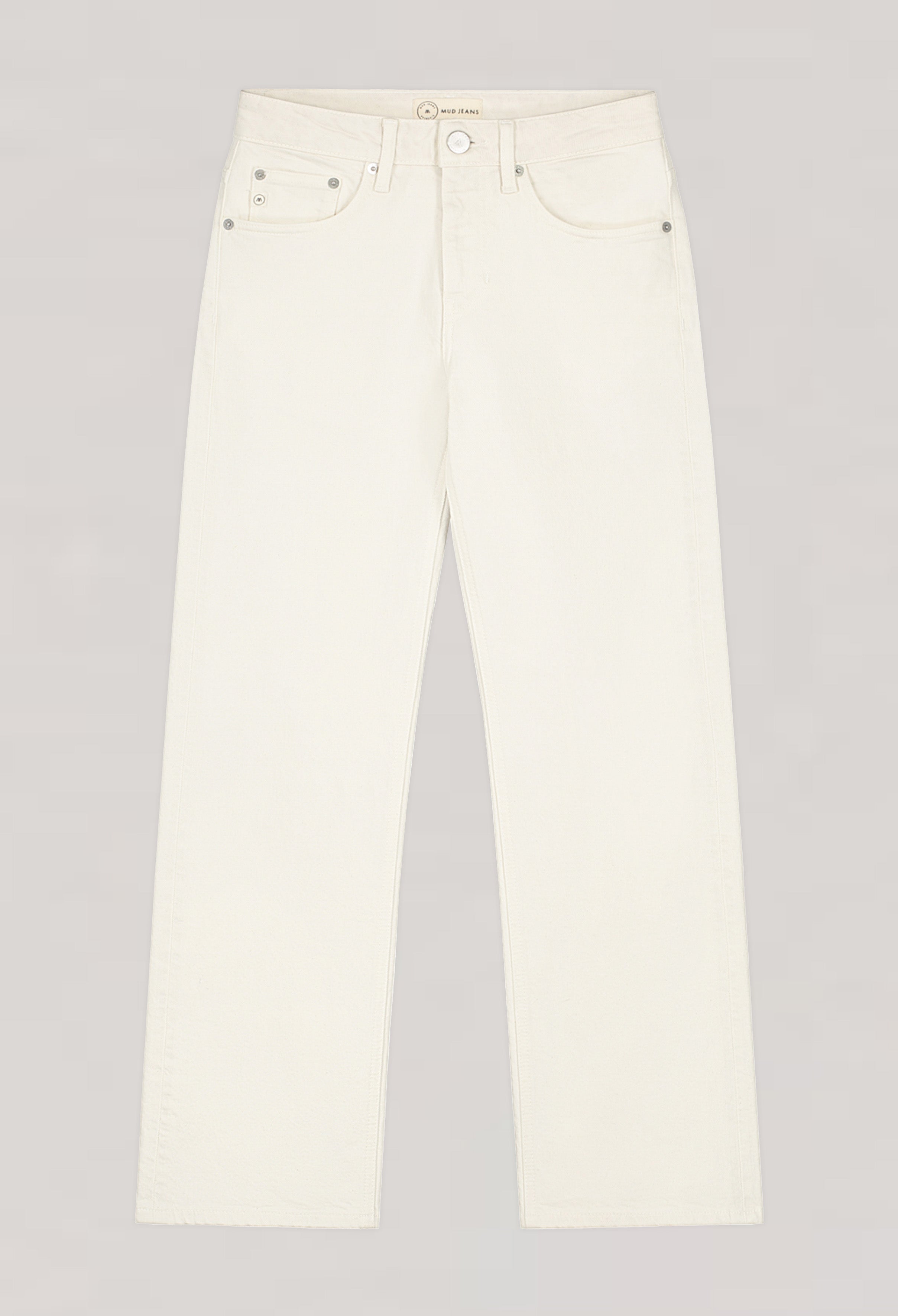Off-white MUD Jeans made from organic cotton, featuring a straight-leg design with silver rivet details.
