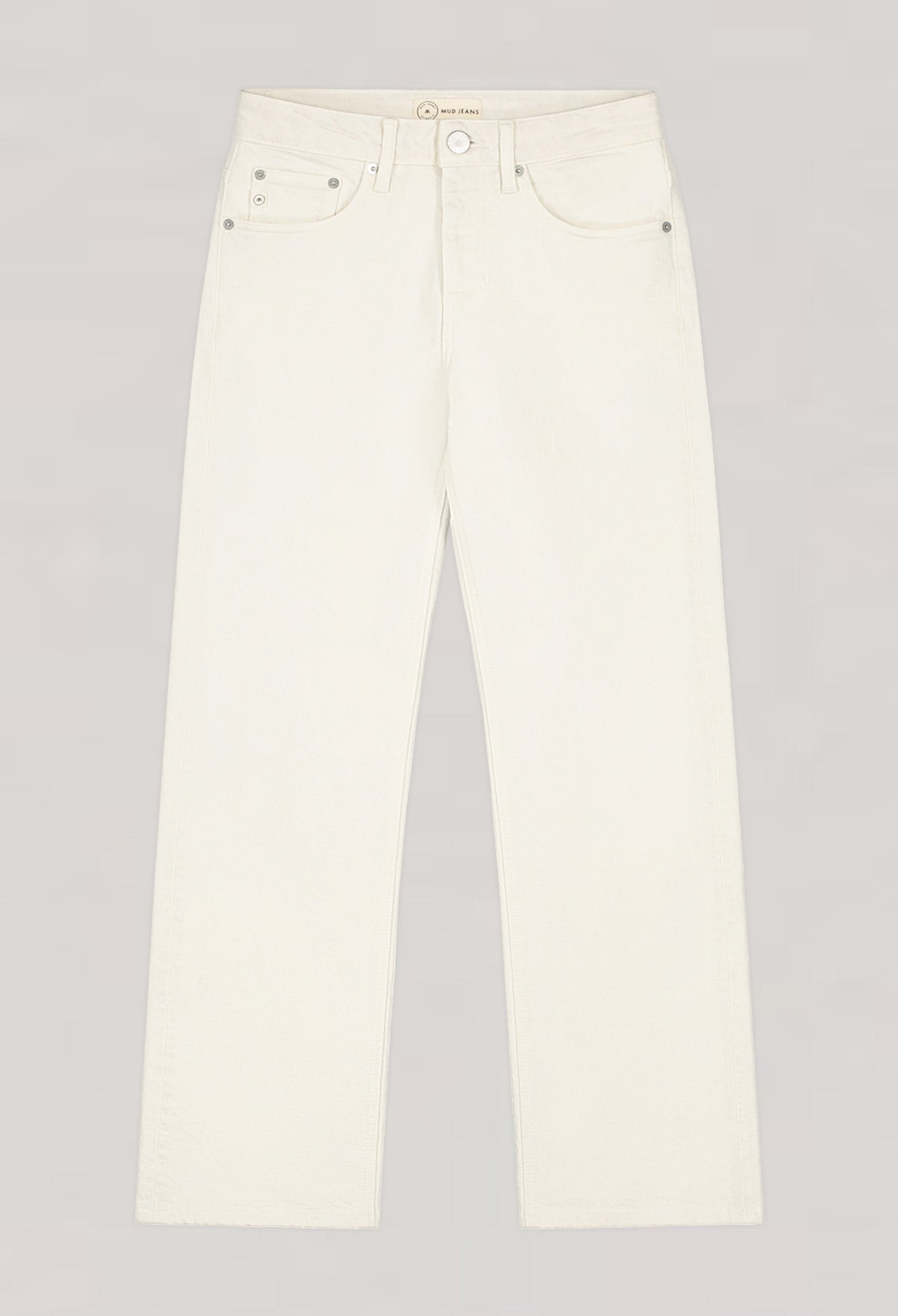 Off-white MUD Jeans made from organic cotton, featuring a straight-leg design with silver rivet details.