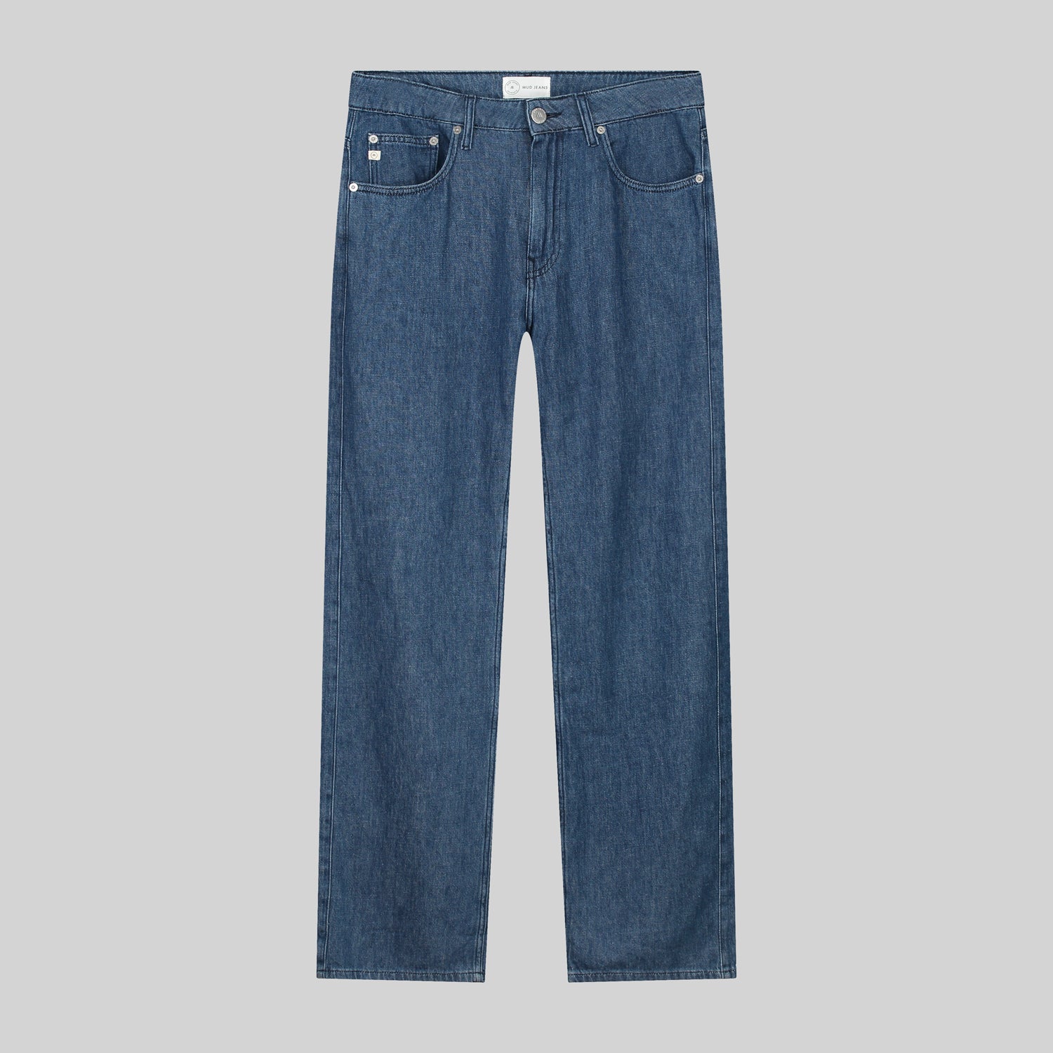 Classic straight-leg blue jeans made from sustainable denim, showcasing a contemporary fit and button closure.
