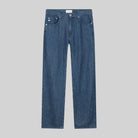 Classic straight-leg blue jeans made from sustainable denim, showcasing a contemporary fit and button closure.