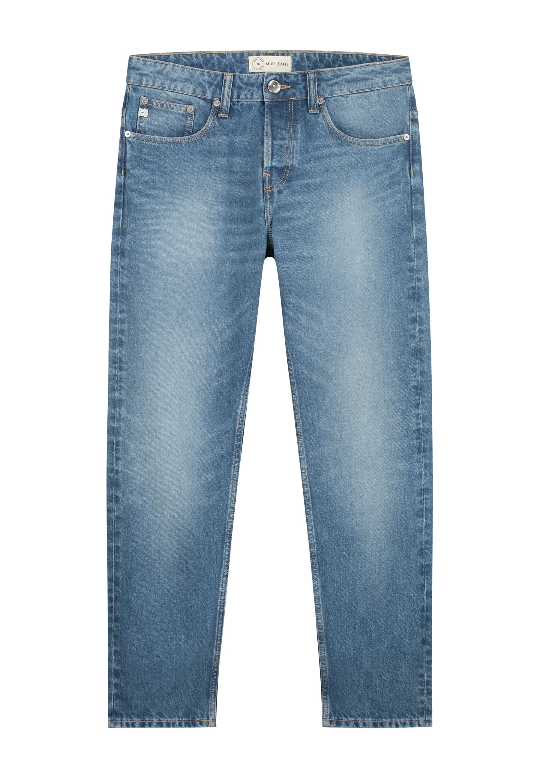 Sustainable dark wash MUD Jeans crafted from organic cotton, featuring a classic fit, styled with white sneakers.
