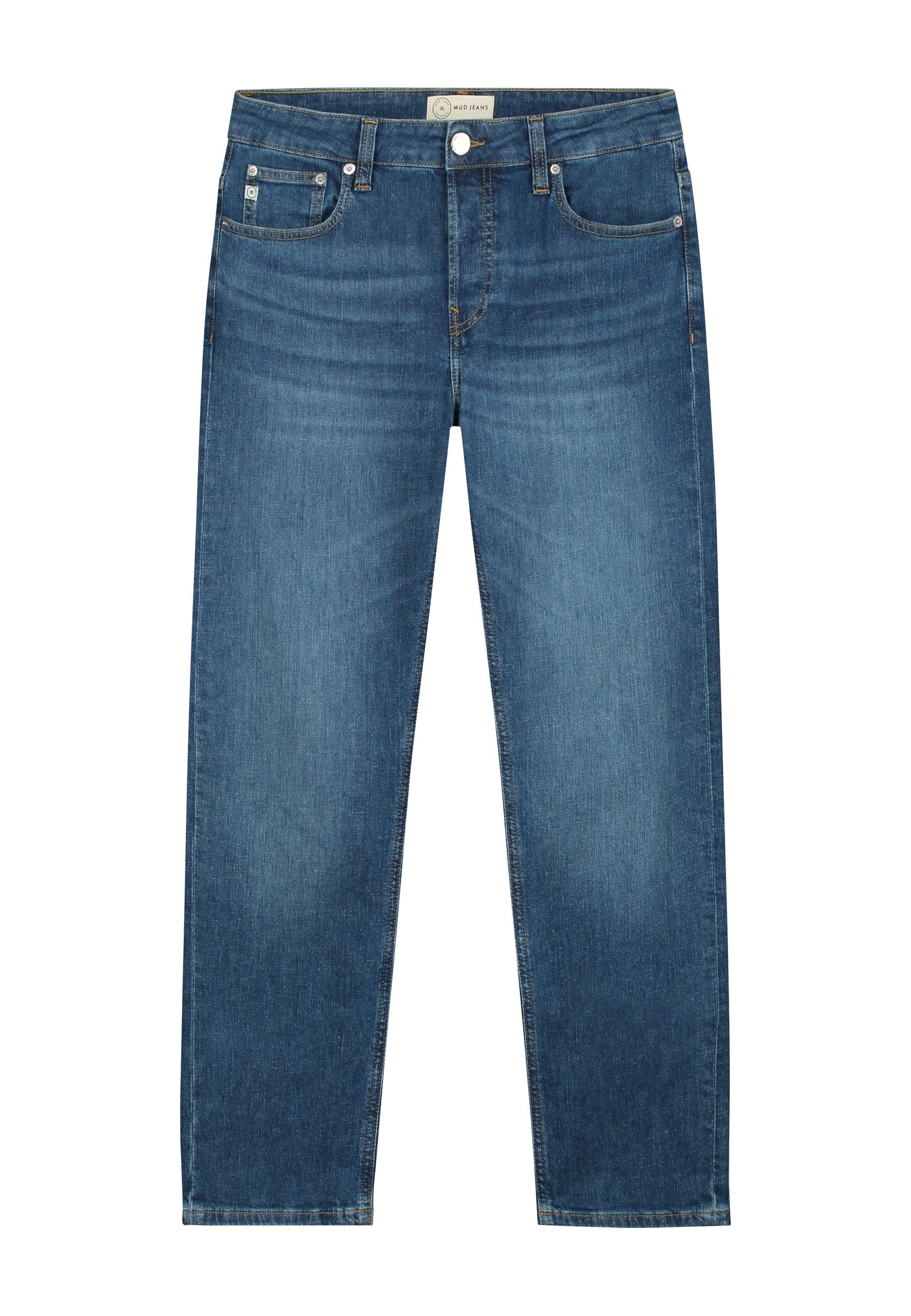 Sustainable MUD Jeans made from ethical organic cotton in classic fit, dark blue denim with subtle fading.