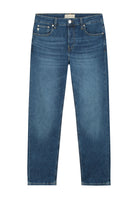 Sustainable MUD Jeans made from ethical organic cotton in classic fit, dark blue denim with subtle fading.