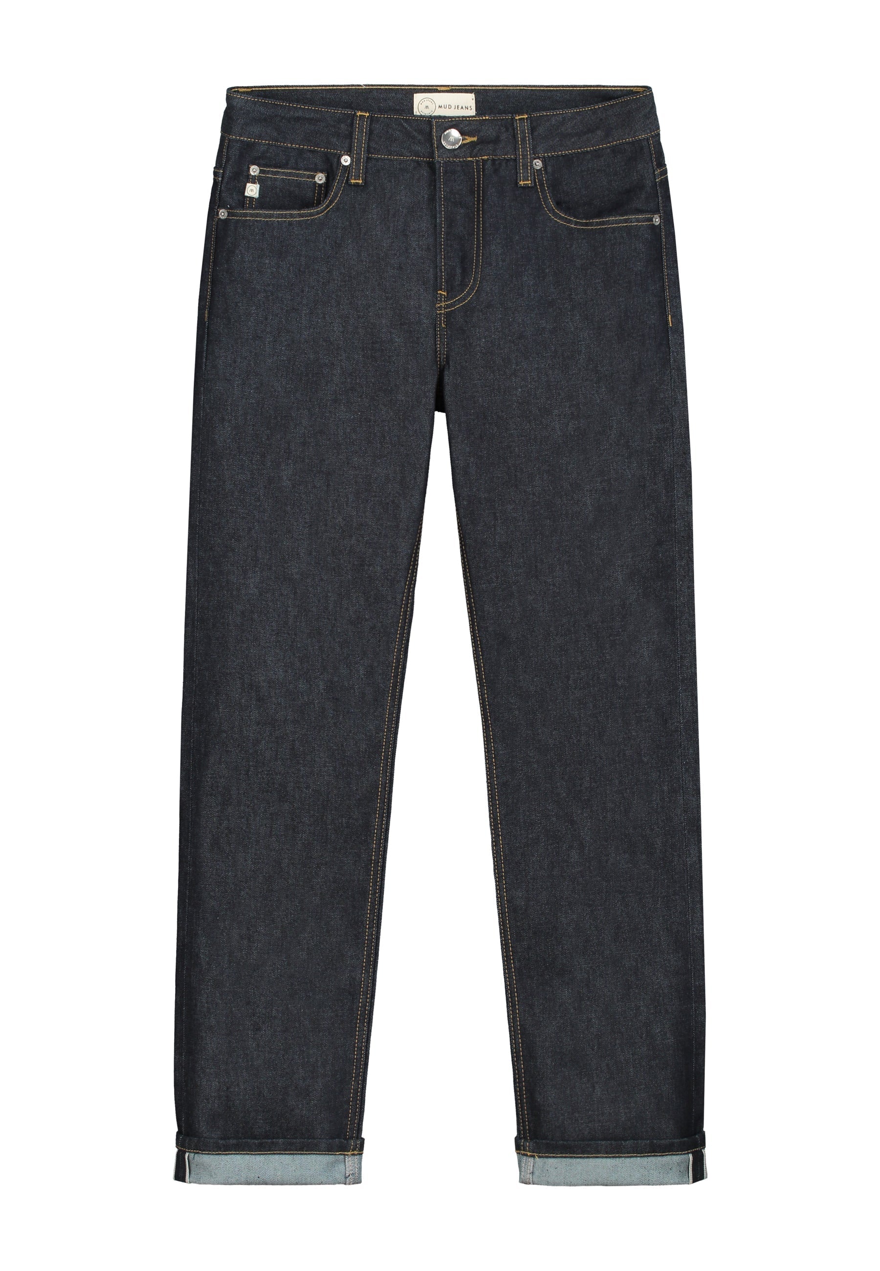 Sustainable dark denim jeans by MUD Jeans, featuring yellow stitching, crafted ethically for a classic look.