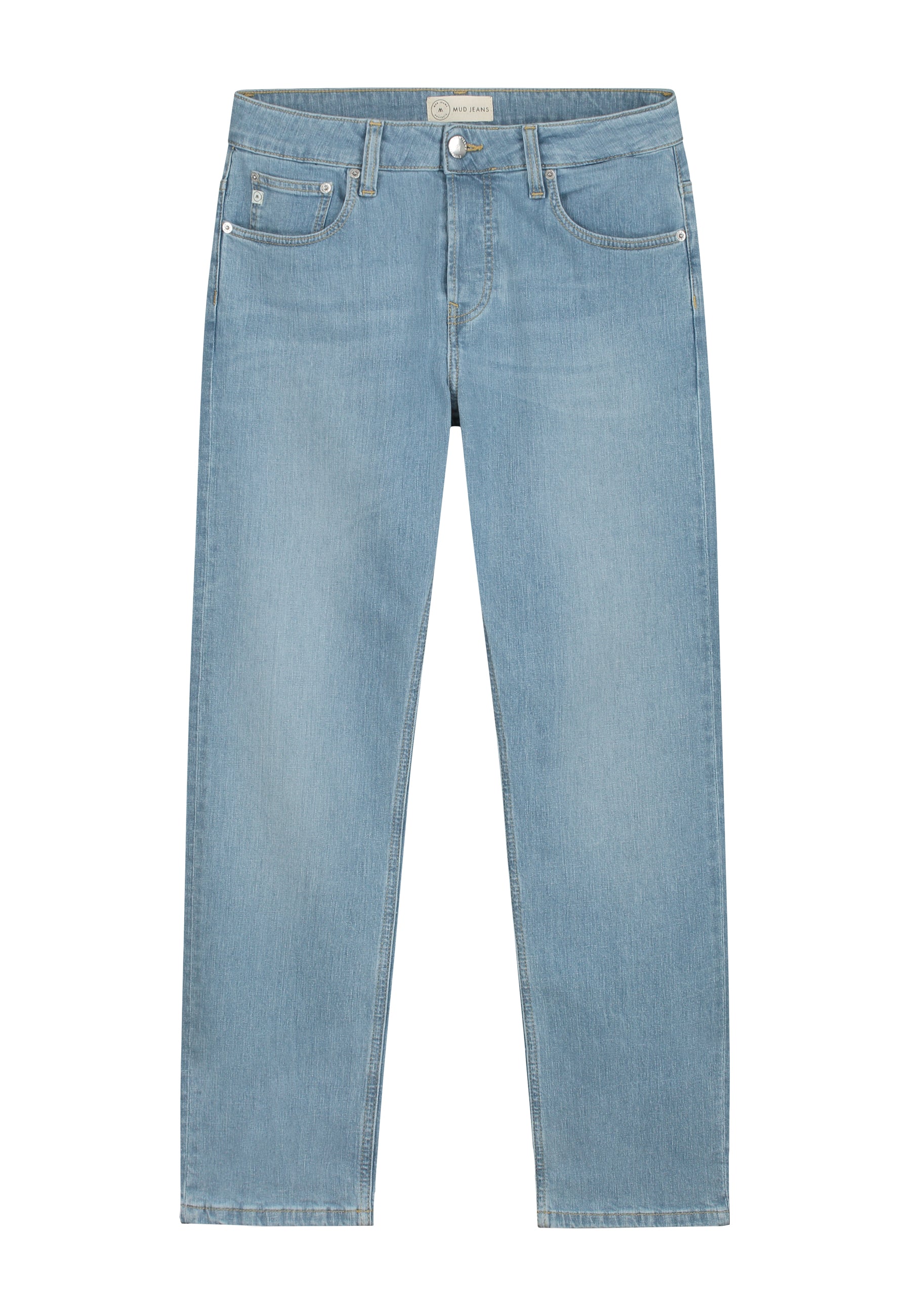 Sustainable MUD Jeans in dark blue denim with cargo pockets, paired with a black tank top for an ethical style statement.