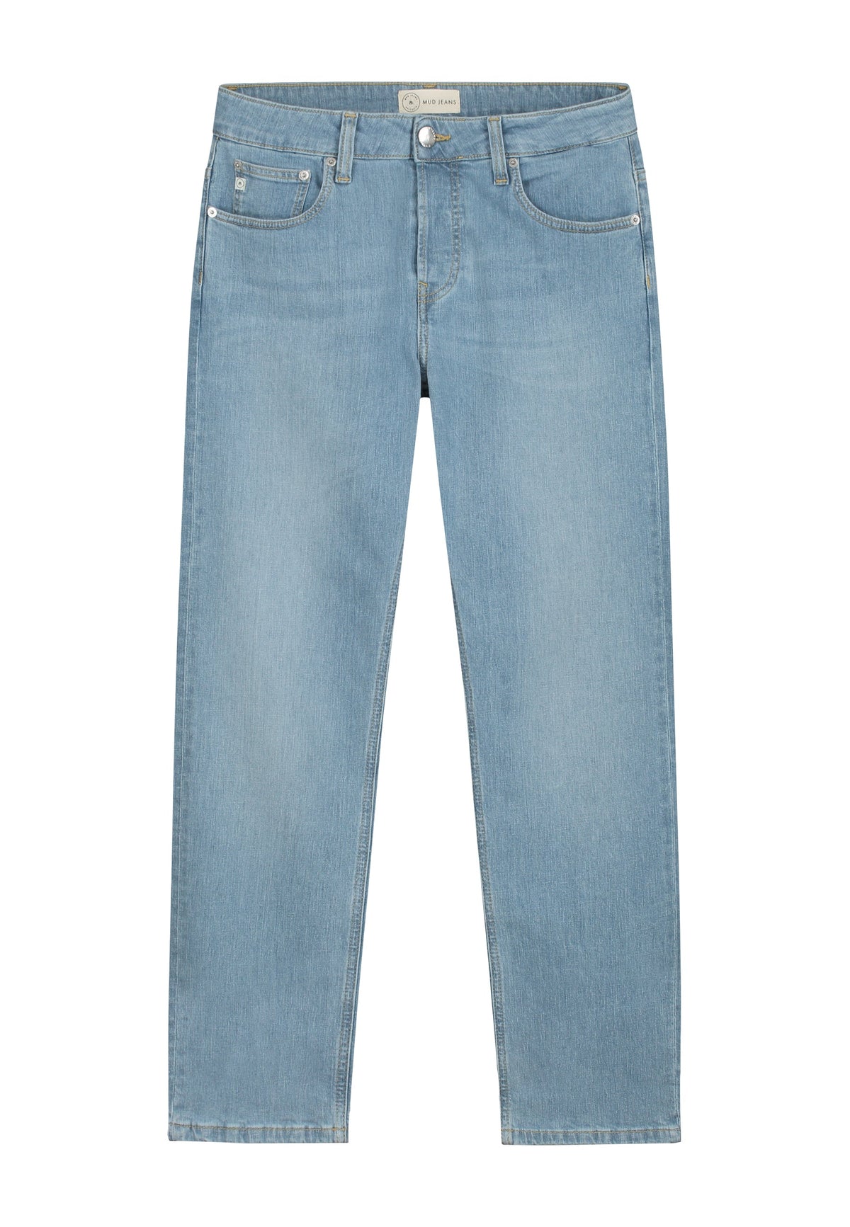 Sustainable MUD Jeans in dark blue denim with cargo pockets, paired with a black tank top for an ethical style statement.