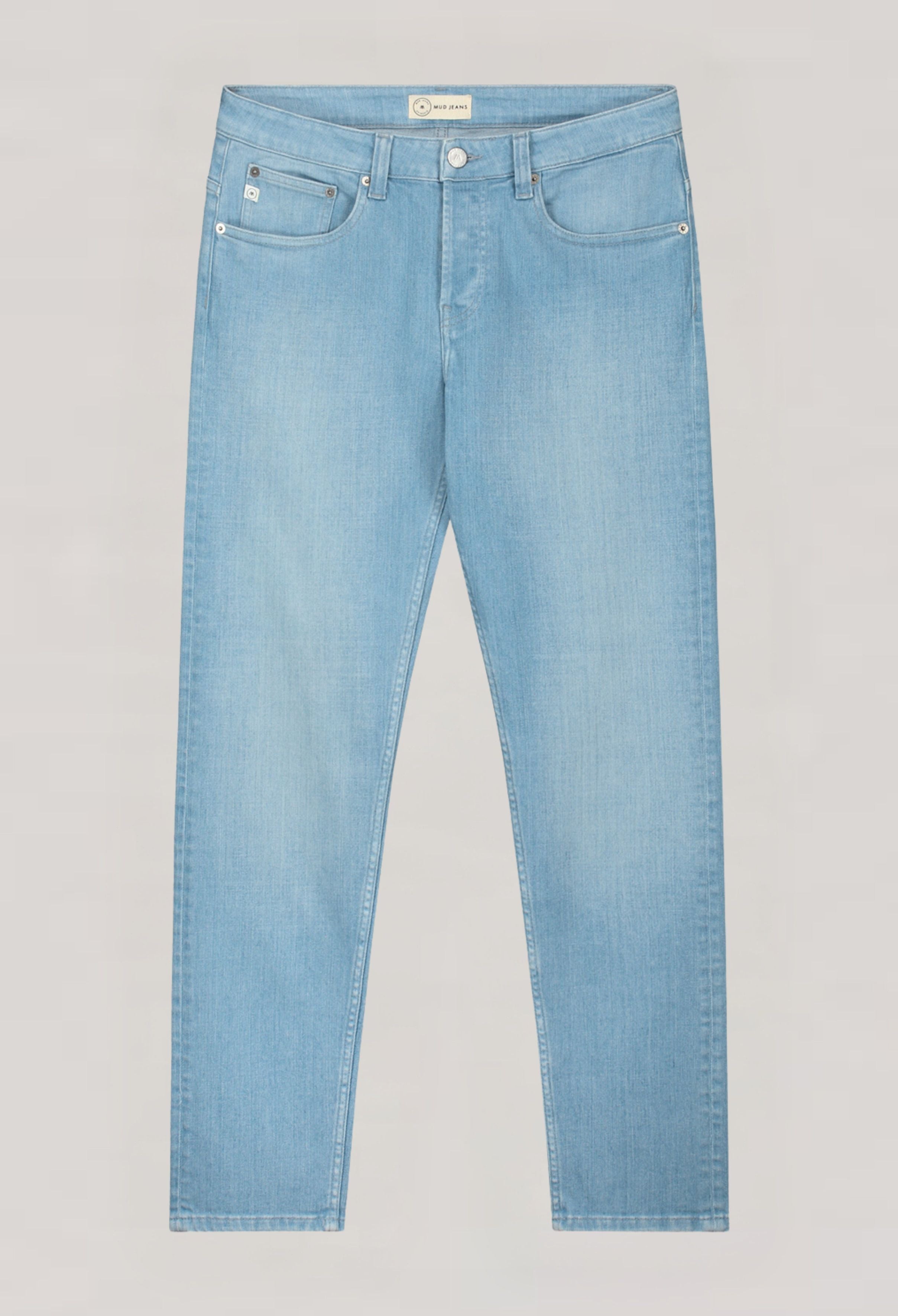 Sustainable MUD Jeans made from organic cotton, featuring classic blue denim in a regular fit with ethical production.